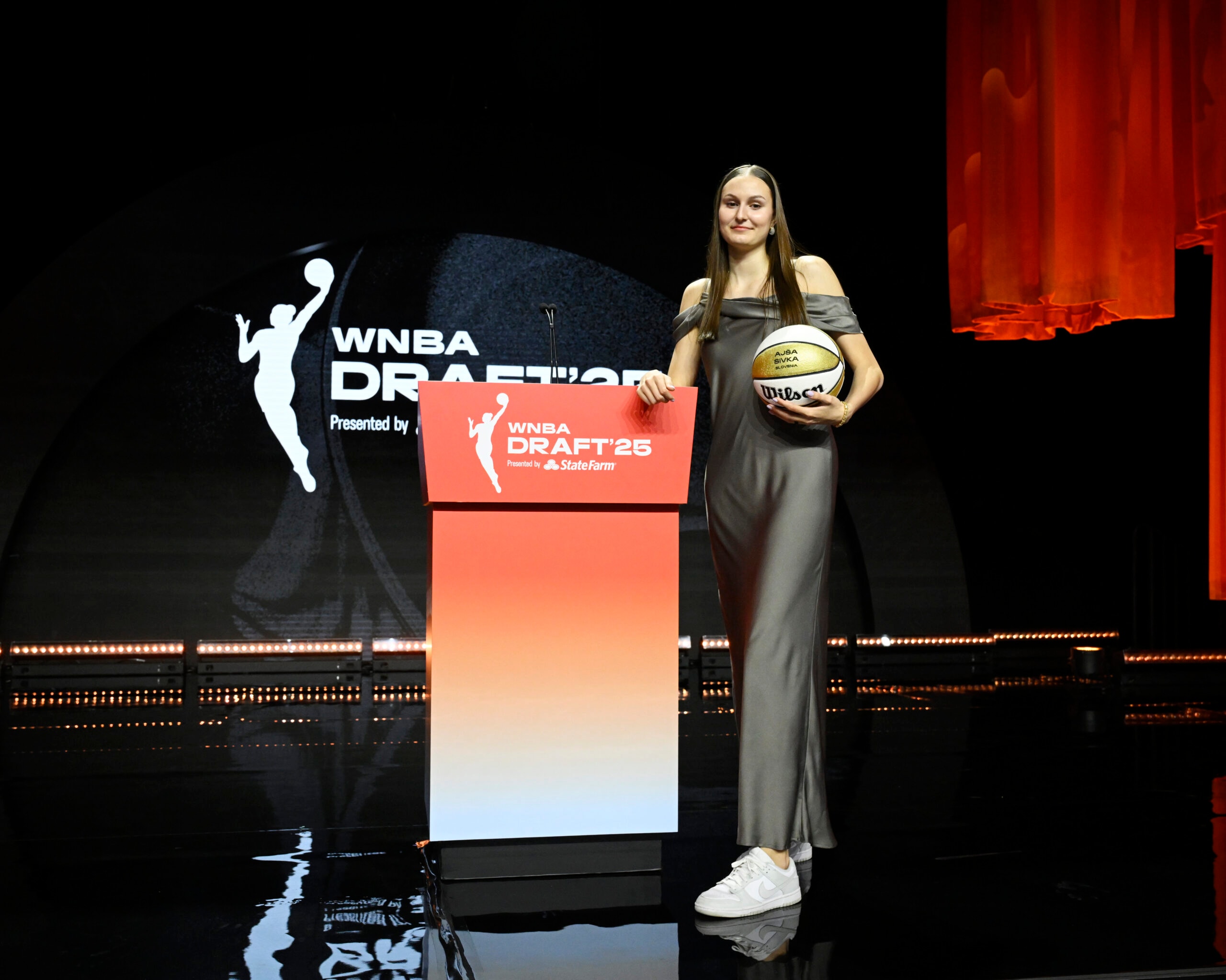 Ajsa Sivka poses for a picture after after being drafted the tenth overall pick by the Chicago Sky during the 2025 WNBA Draft on April 14, 2025 at The Shed in New York, New York