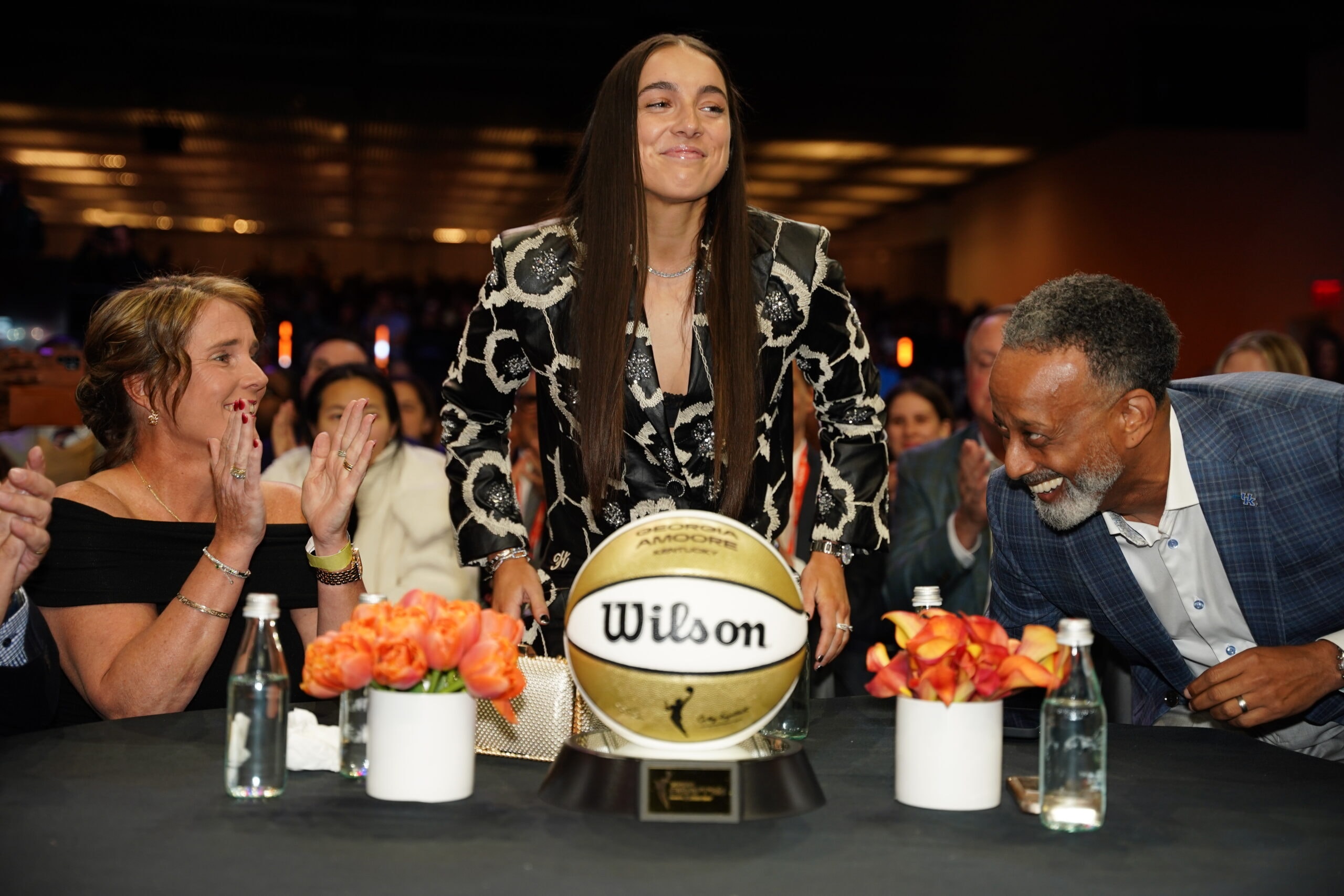 Georgia Amoore gets drafted by the Washington Mystics during the 2025 WNBA Draft on April 14, 2025 at The Shed in New York, New York