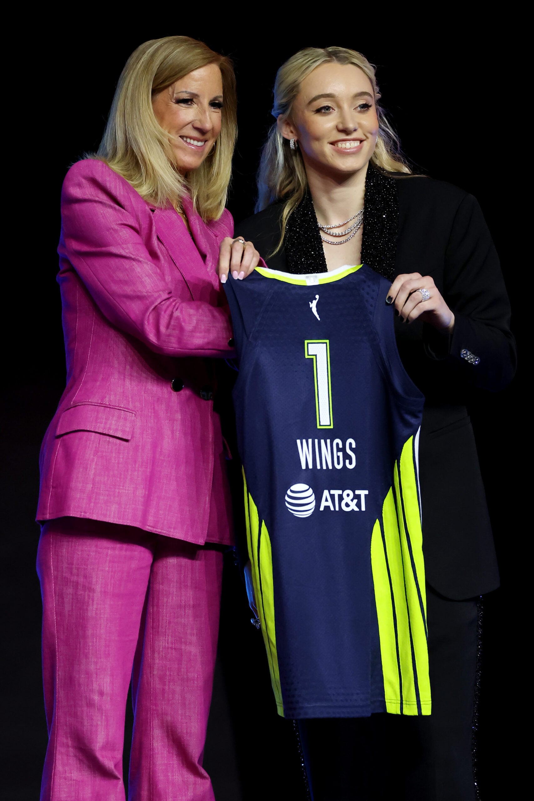 Paige Bueckers poses for a photo with WNBA Commissioner Cathy Engelbert after being selected with the first overall pick by the Dallas Wings during the 2025 WNBA Draft at The Shed on April 14, 2025 in New York City.