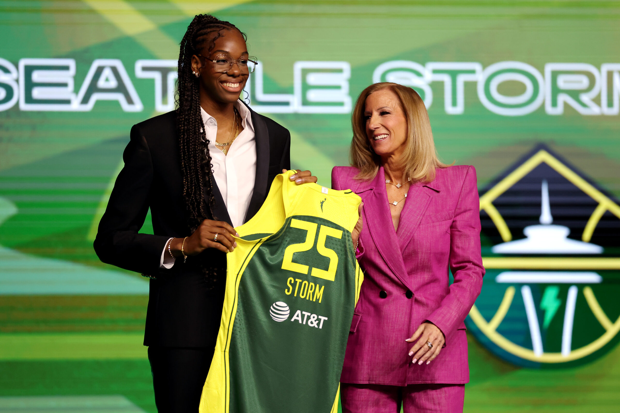 Dominique Malonga poses for a photo with WNBA Commissioner Cathy Engelbert after being selected with the second overall pick by the Seattle Storm during the 2025 WNBA Draft at The Shed on April 14, 2025, in New York City.