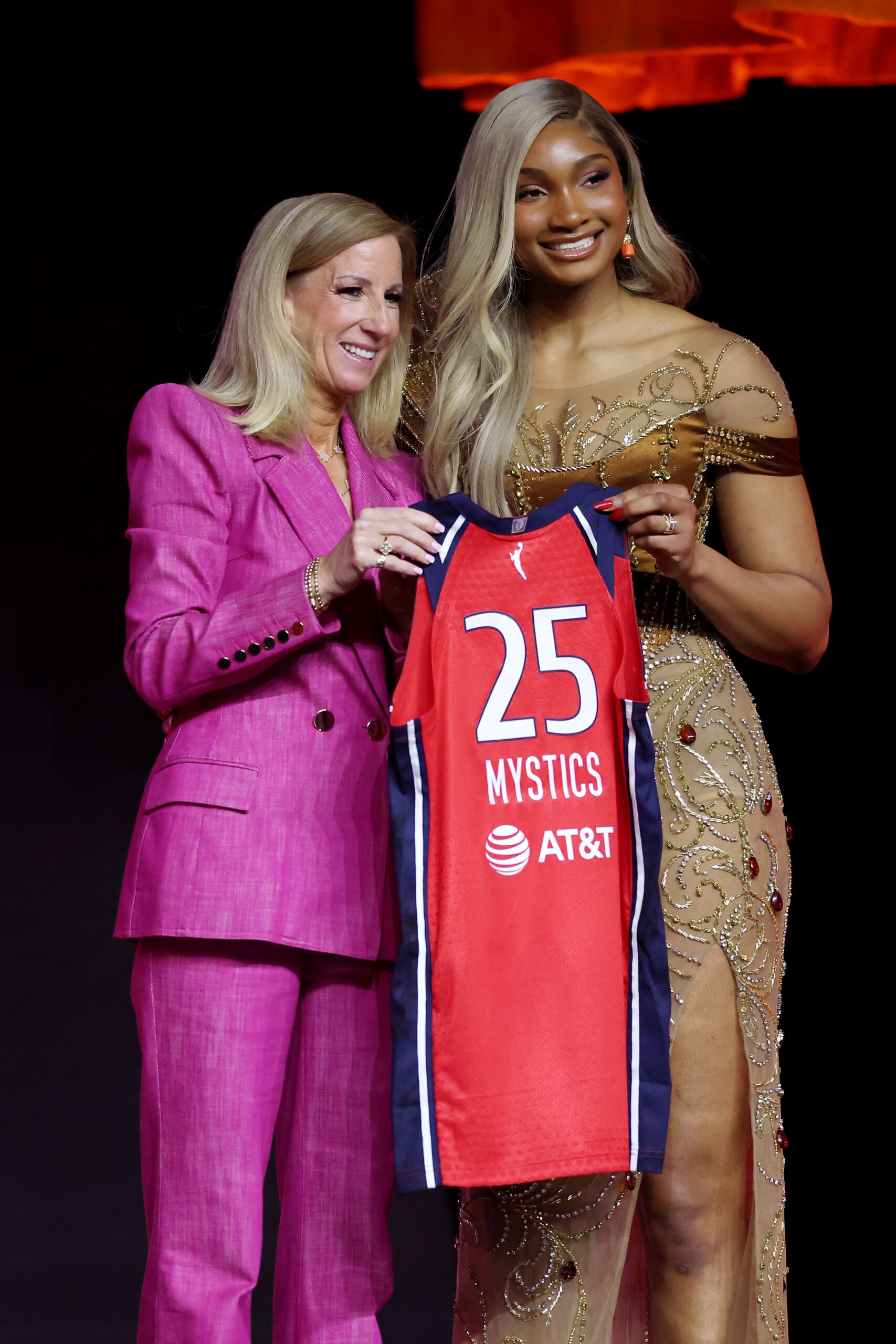 Kiki Iriafen poses for a photo with WNBA Commissioner Cathy Engelbert after being selected with the fourth overall pick by the Washington Mystics during the 2025 WNBA Draft at The Shed on April 14, 2025, in New York City.