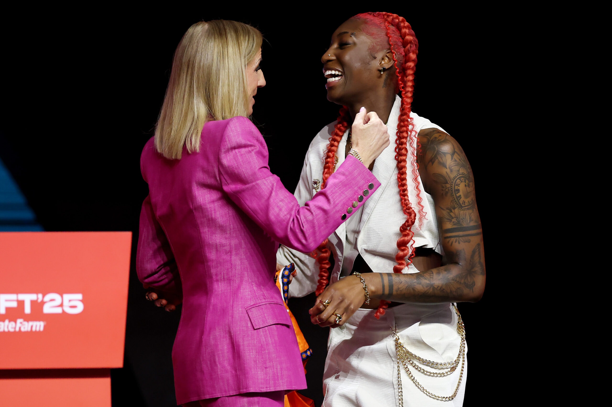 Saniya Rivers reacts with WNBA Commissioner Cathy Engelbert after being selected with the eighth overall pick Connecticut Sun during the 2025 WNBA Draft at The Shed on April 14, 2025, in New York City.