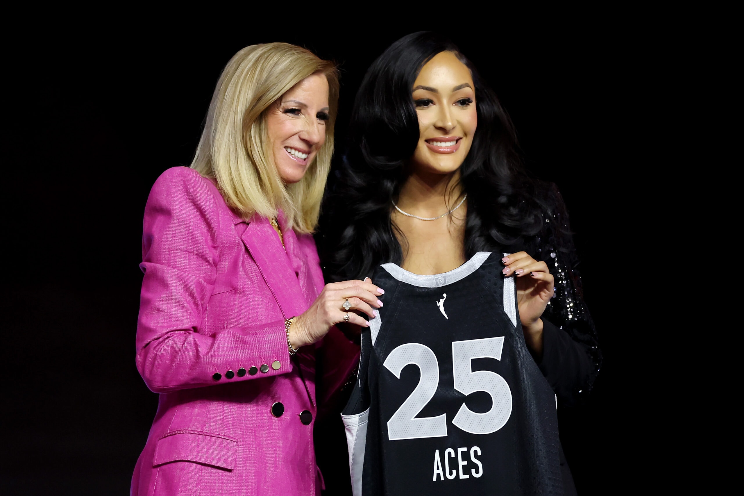 Aaliyah Nye poses for a photo with WNBA Commissioner Cathy Engelbert after being selected with the 13th pick during the second round by the Las Vegas Aces in the 2025 WNBA Draft at The Shed on April 14, 2025, in New York City.