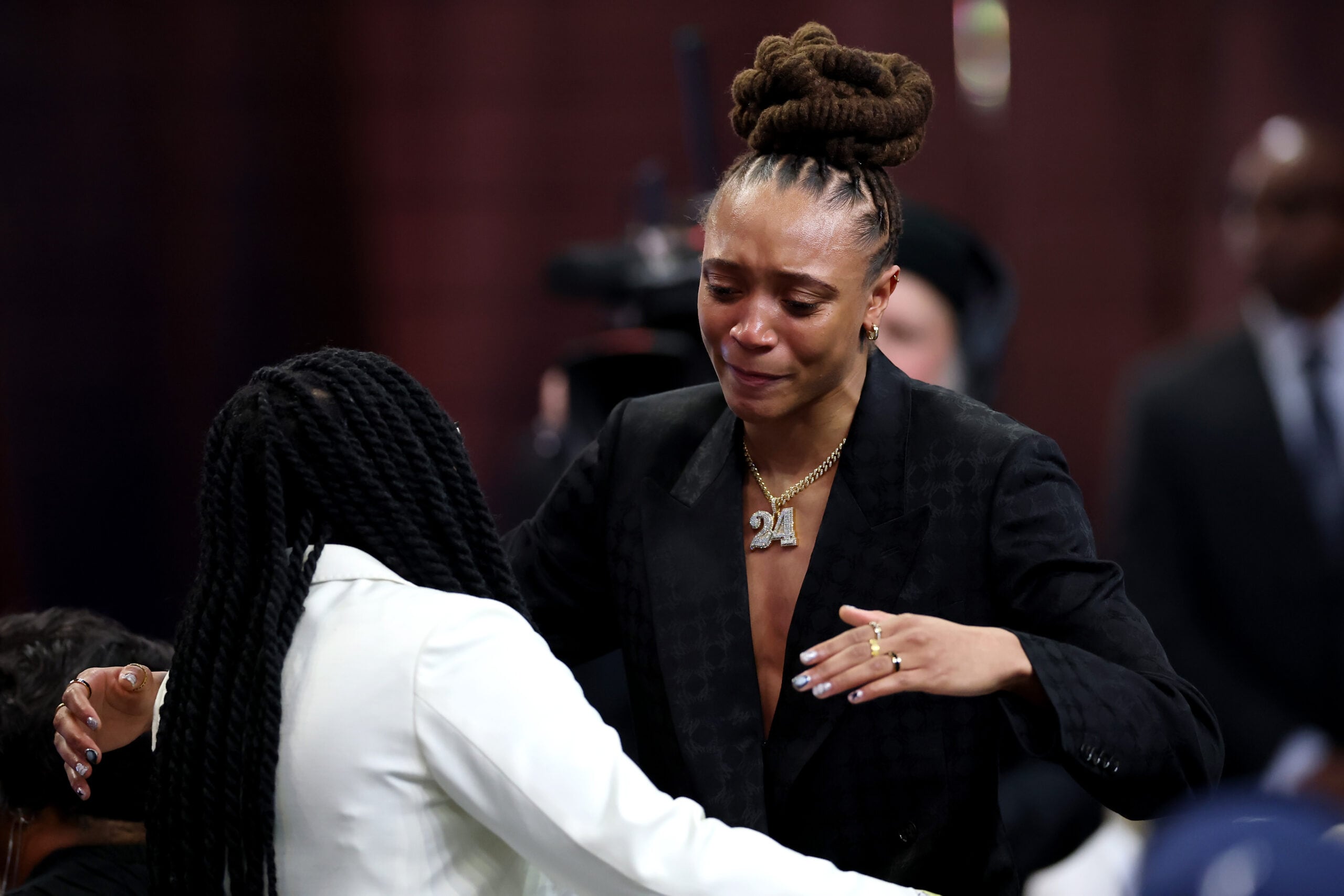 Madison Scott reacts after being selected with the 14th pick in the second round by the Dallas Wings during the 2025 WNBA Draft at The Shed on April 14, 2025, in New York City.