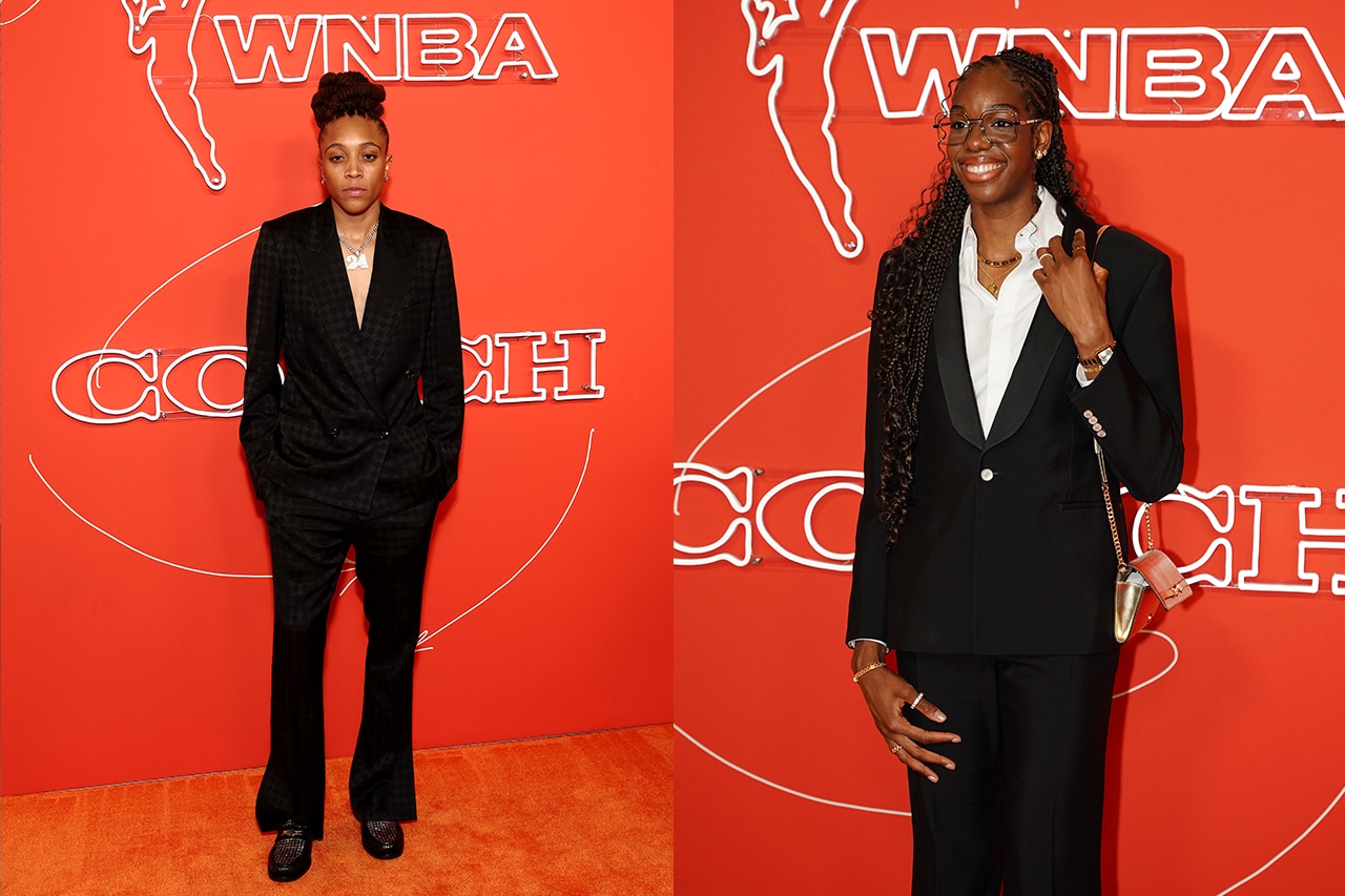 Madison Scott and Dominique Malonga pose on the 2025 WNBA Draft Orange Carpet