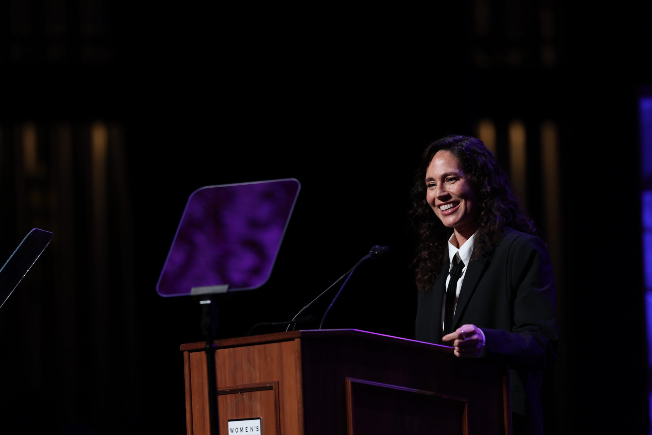 Sue Bird during her speech at the Women's Basketball Hall of Fame