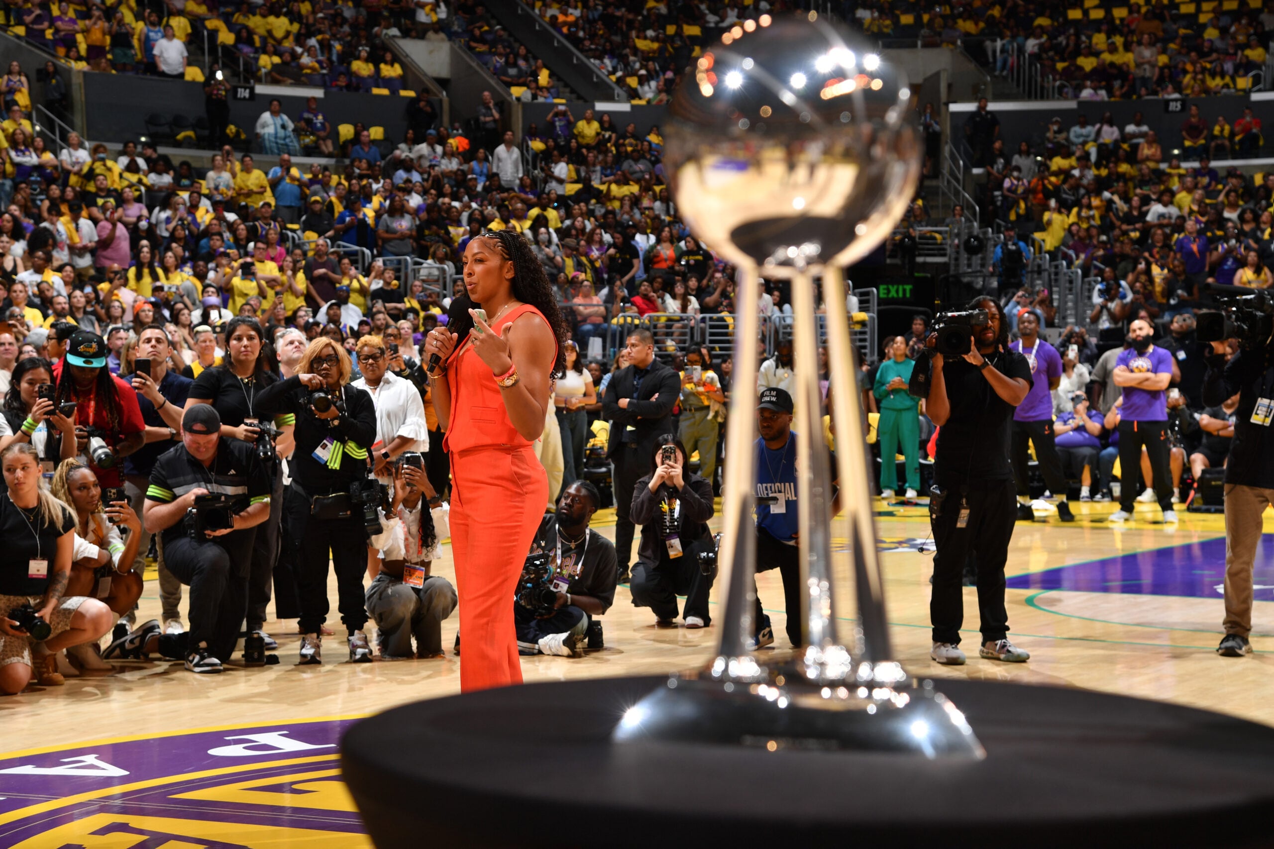 Candace Parker and the trophy from the 2016 WNBA Championship, where she was named Finals MVP.