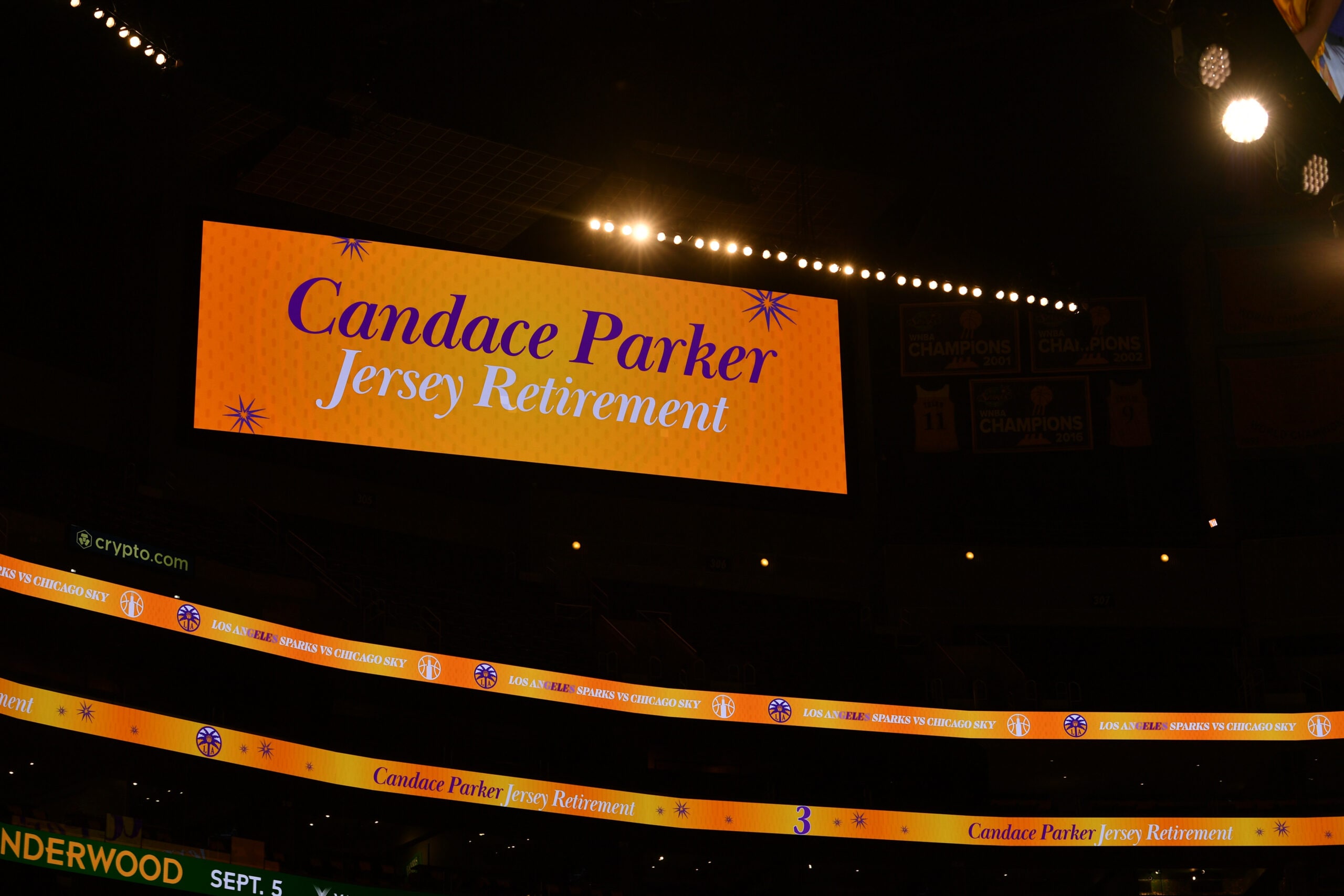 A detailed shot of ceremony's sign for Candace Parker Los Angeles Sparks jersey retirement