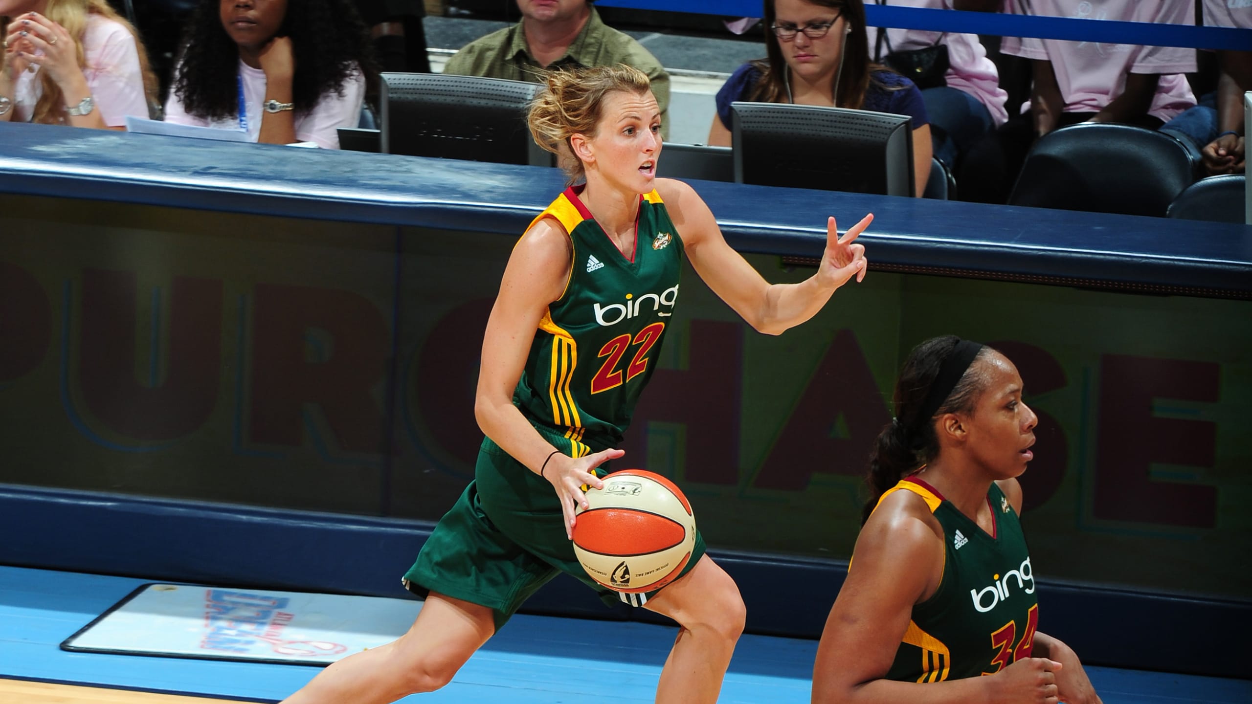 Allie Quigley #22 of the Seattle Storm drives against the Atlanta Dream at Philips Arena on August 7, 2011