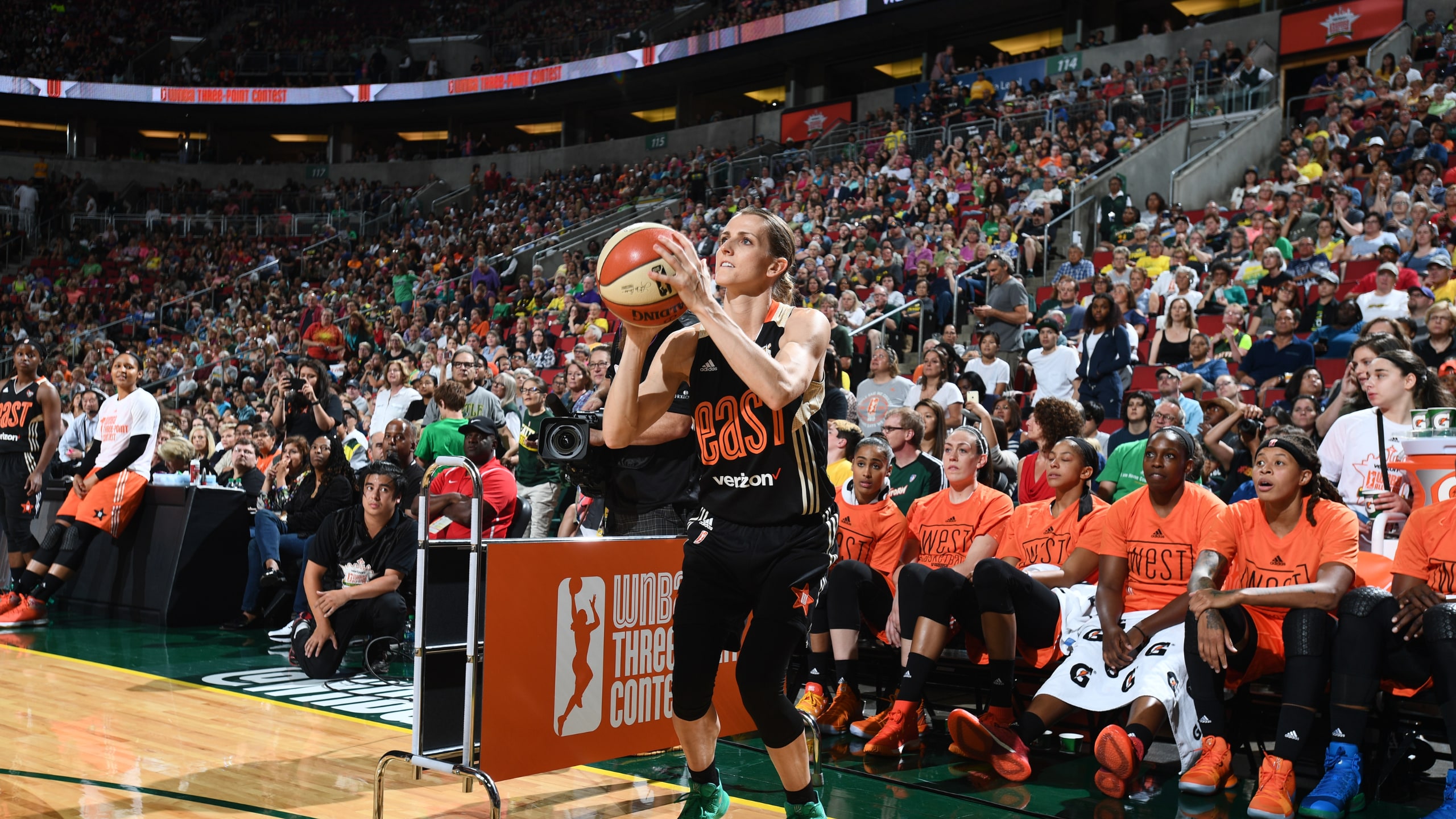 Allie Quigley #14 of the Eastern Conference All-Stars shoots during the three-point contest as part of the Verizon WNBA All-Star Game 2017