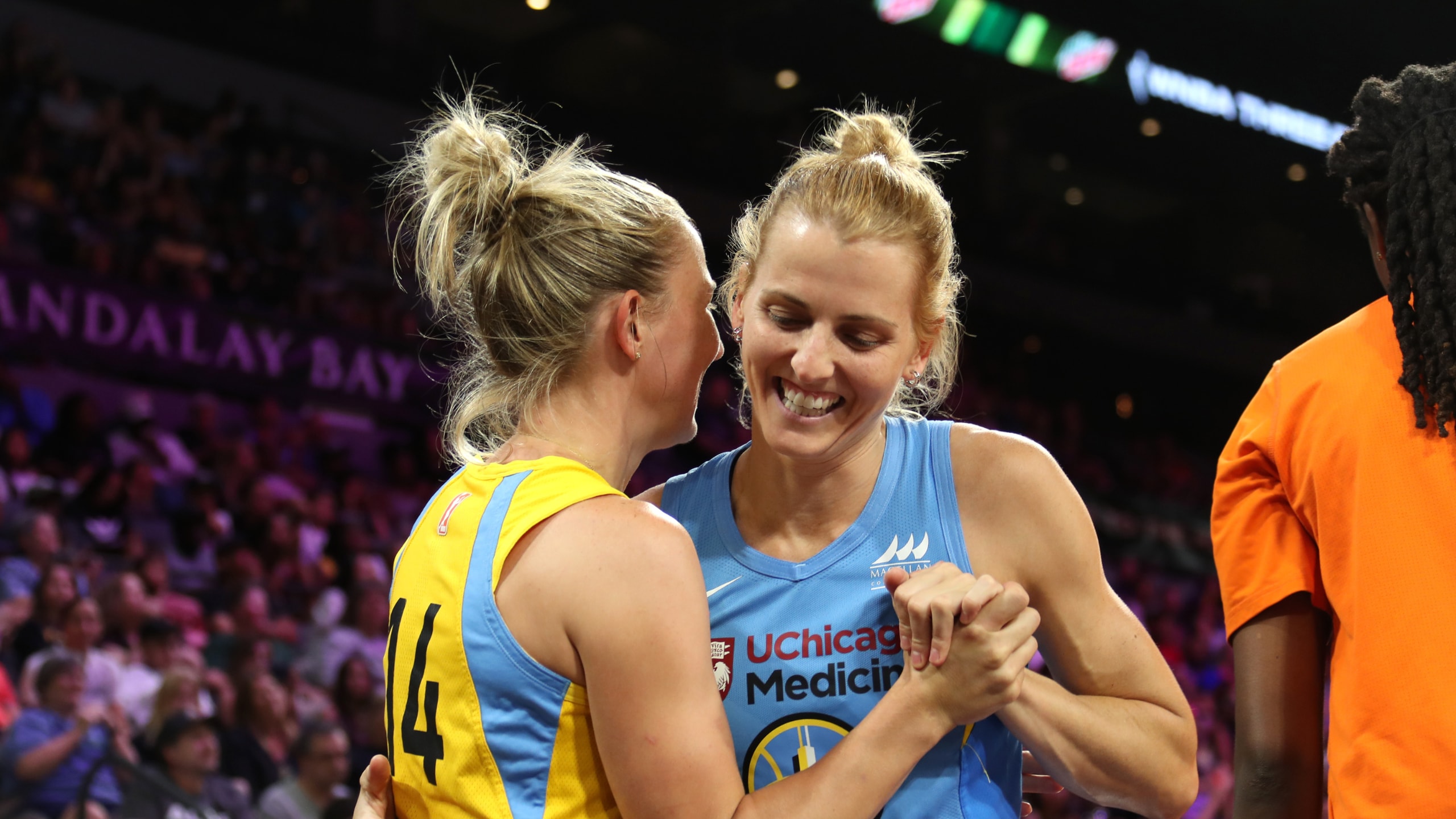 Courtney Vandersloot #22 and Allie Quigley #14 of the Chicago Sky shares a laugh after the 2019 WNBA MTN Dew Three-Point Contest
