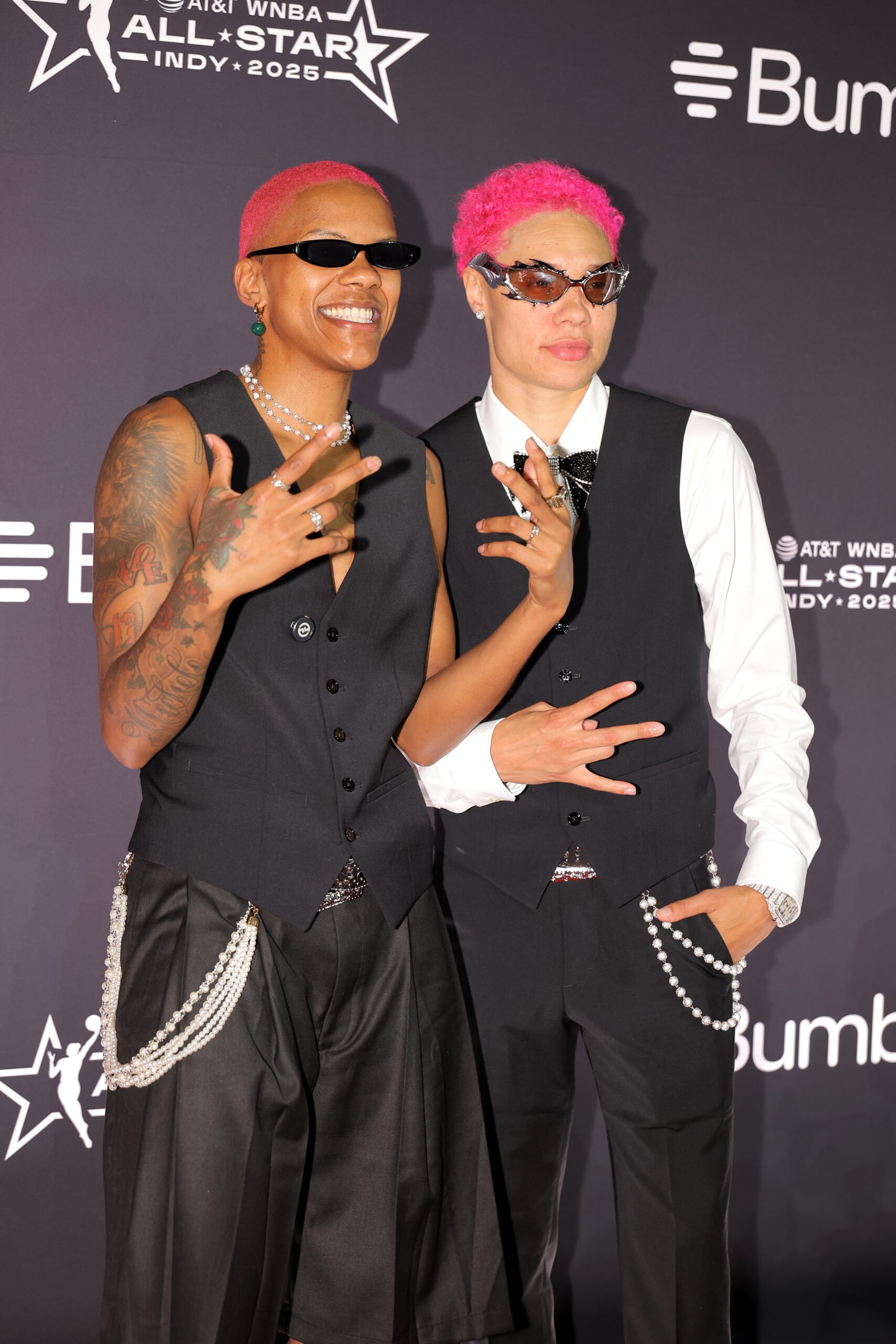 Courtney Williams #10 of the Minnesota Lynx and Natisha Hiedeman #2 of the Minnesota Lynx poses for a photo on the Orange Carpet as part of AT&T WNBA All-Star 2025 on July 17, 2025 at Indiana Convention Center in Indianapolis, Indiana.