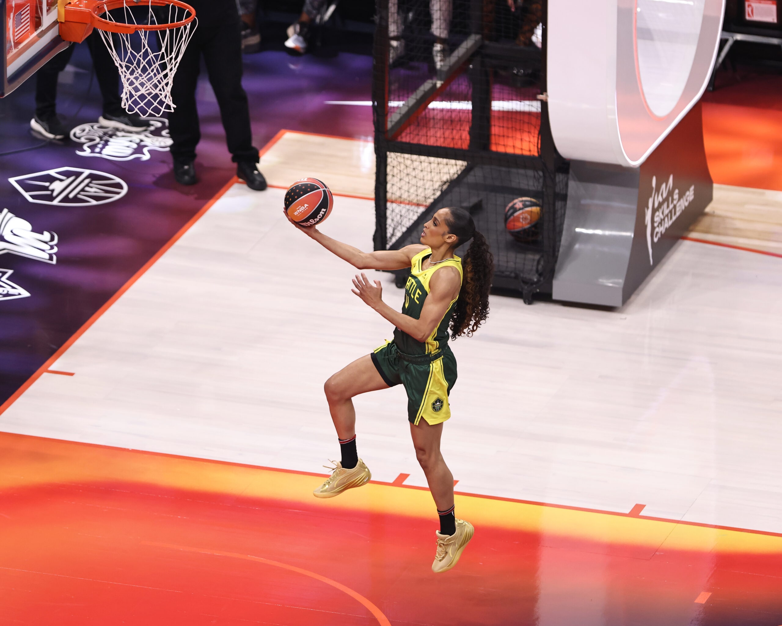 Skylar Diggins #4 of the Seattle Storm drives to the basket during the Kia WNBA Skills Challenge and WNBA STARRY 3-Point Contest as part of AT&T WNBA All-Star 2025 on July 18, 2025 at Gainbridge Fieldhouse in Indianapolis, Indiana.