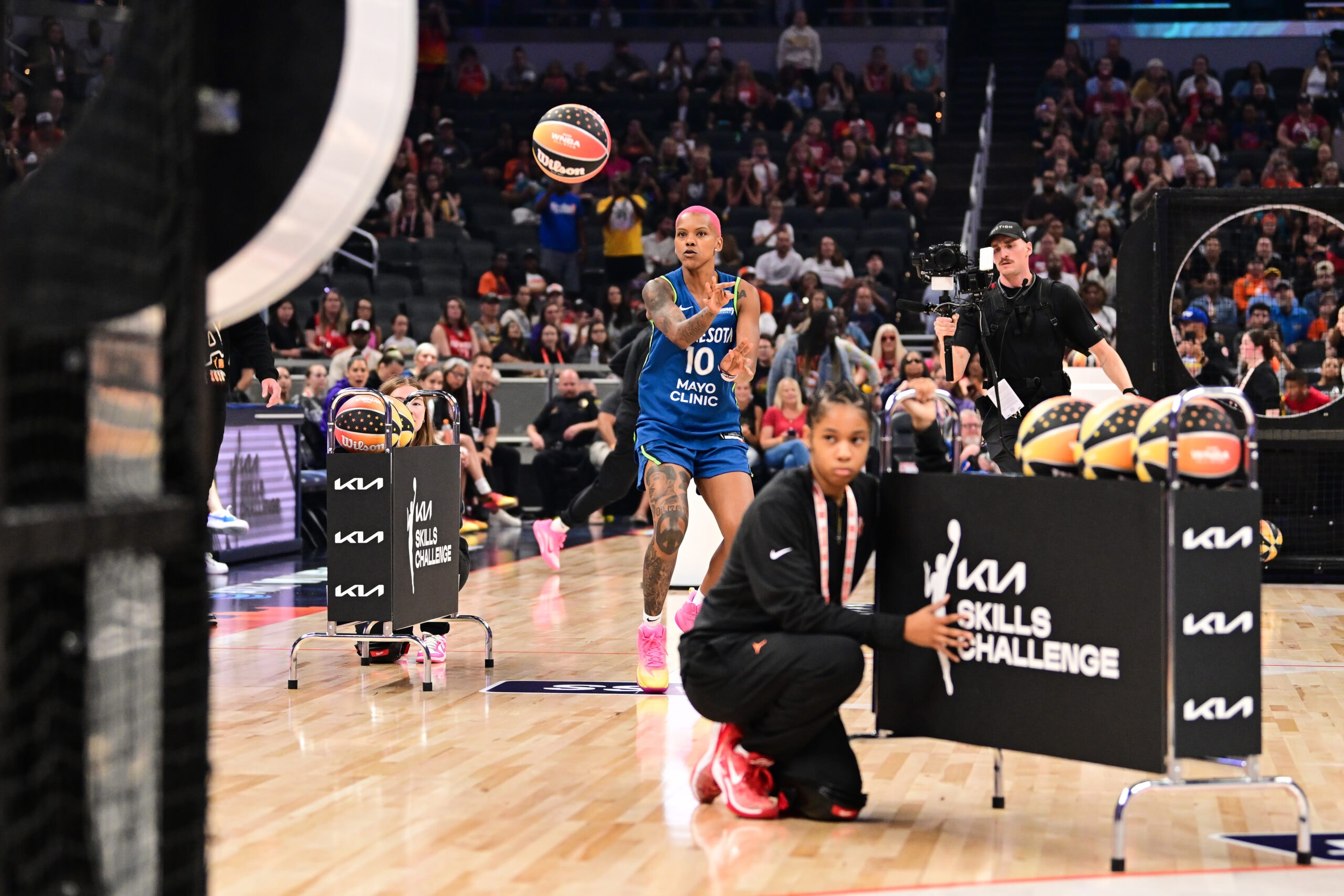 Courtney Williams #10 of the Minnesota Lynx passes the ball during the Kia WNBA Skills Challenge and WNBA STARRY 3-Point Contest on July 18, 2025, at Gainbridge Fieldhouse in Indianapolis, Indiana.