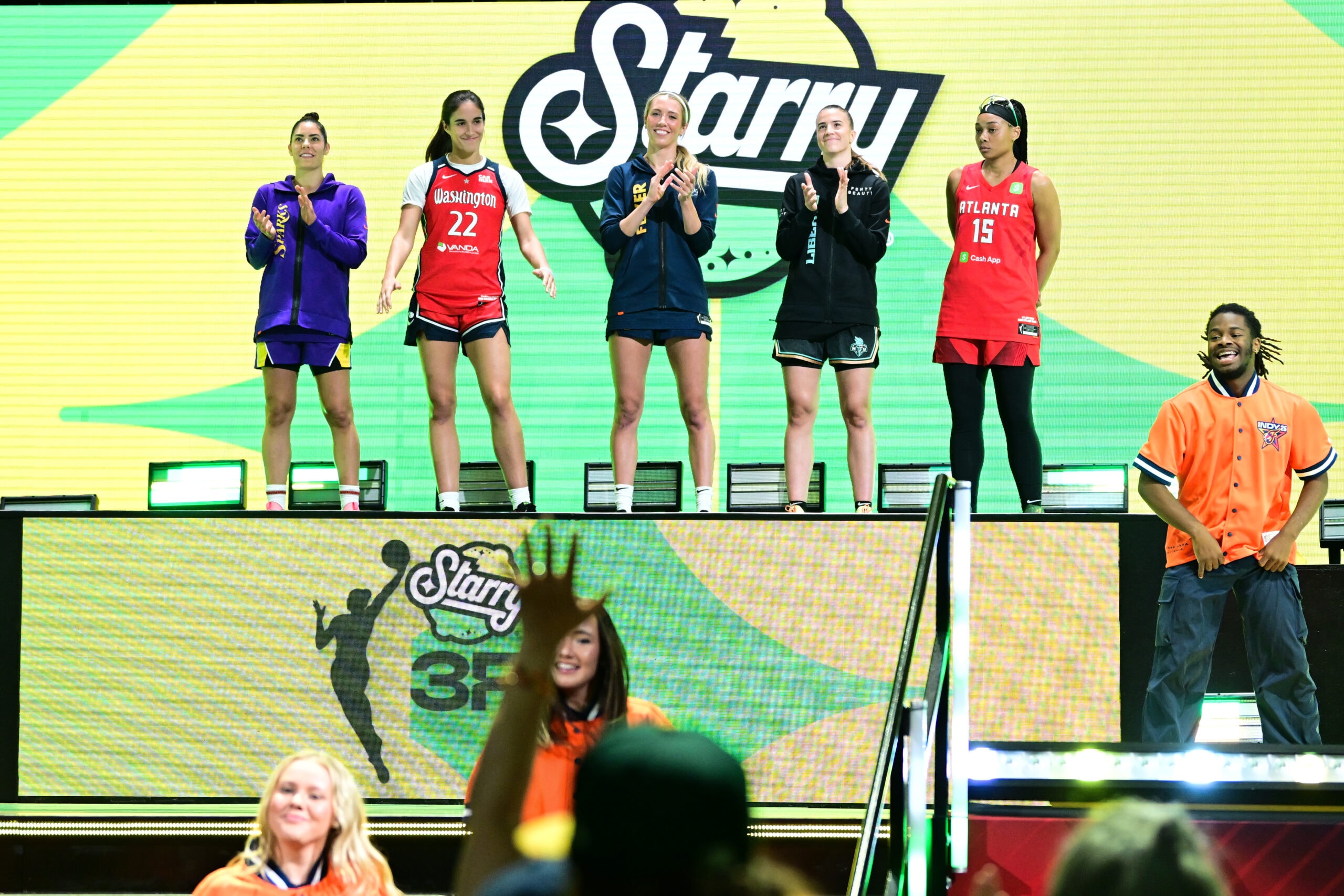 Kelsey Plum #10 of the Los Angeles Sparks, Sonia Citron #2 of the Washington Mystics, Lexie Hull #10 of the Indiana Fever, Sabrina Ionescu #20 of the New York Liberty, and Allisha Gray #15 of the Atlanta Dream are introduced before the Kia WNBA Skills Challenge and WNBA STARRY 3-Point Contest on July 18, 2025 at Gainbridge Fieldhouse in Indianapolis, Indiana.
