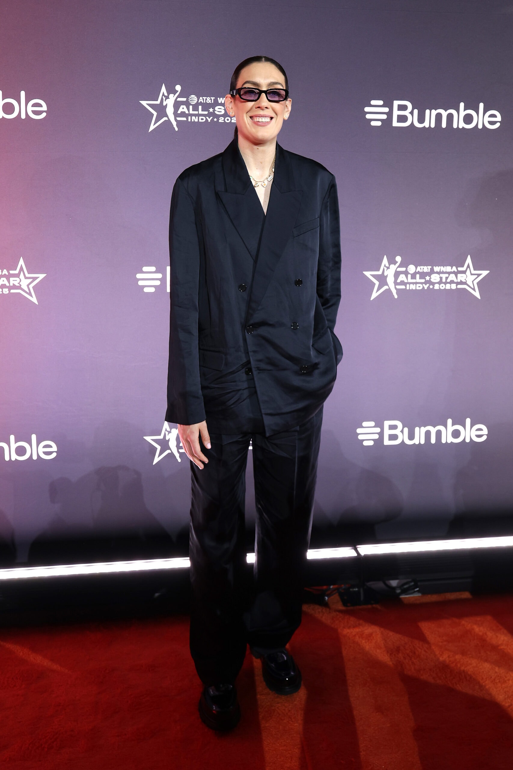 Breanna Stewart of the New York Liberty walks the orange carpet during the 2025 AT&T WNBA All-Star weekend at Indiana Convention Center on July 17, 2025 in Indianapolis, Indiana.