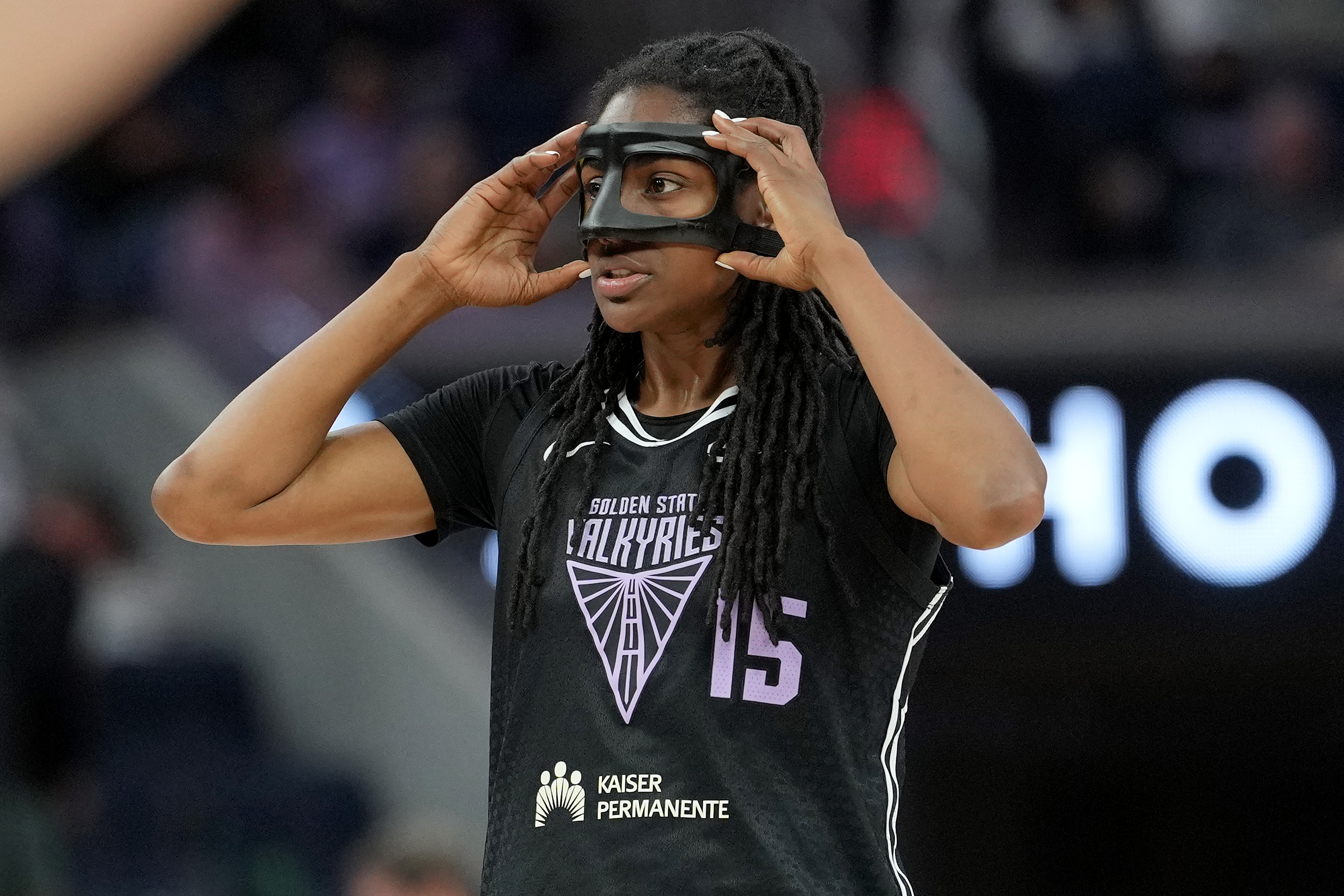 Tiffany Hayes #15 of the Golden State Valkyries looks on against the Atlanta Dream