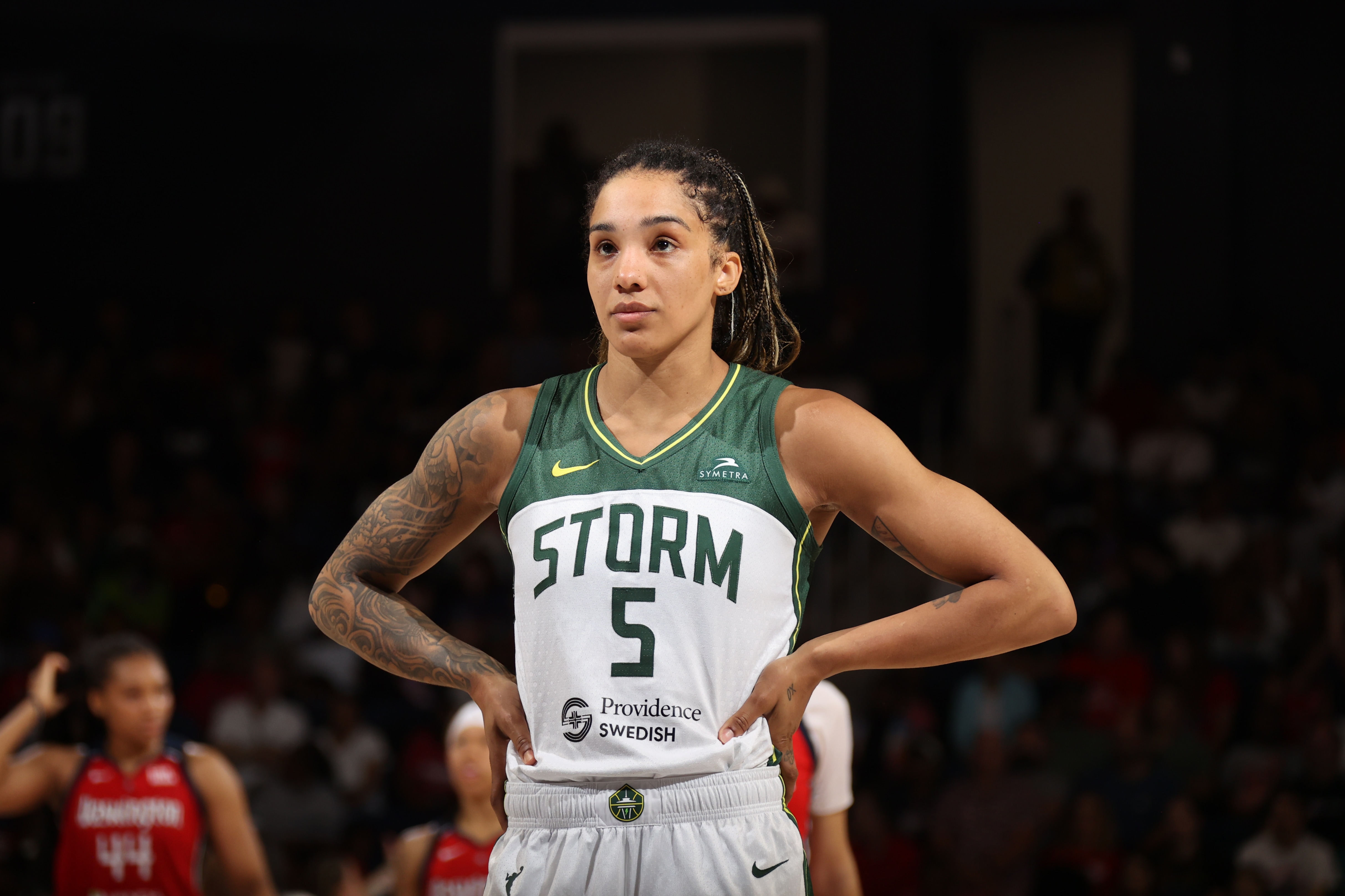 Gabby Williams #5 of the Seattle Storm poses for a photo during the game against the Washington Mystics