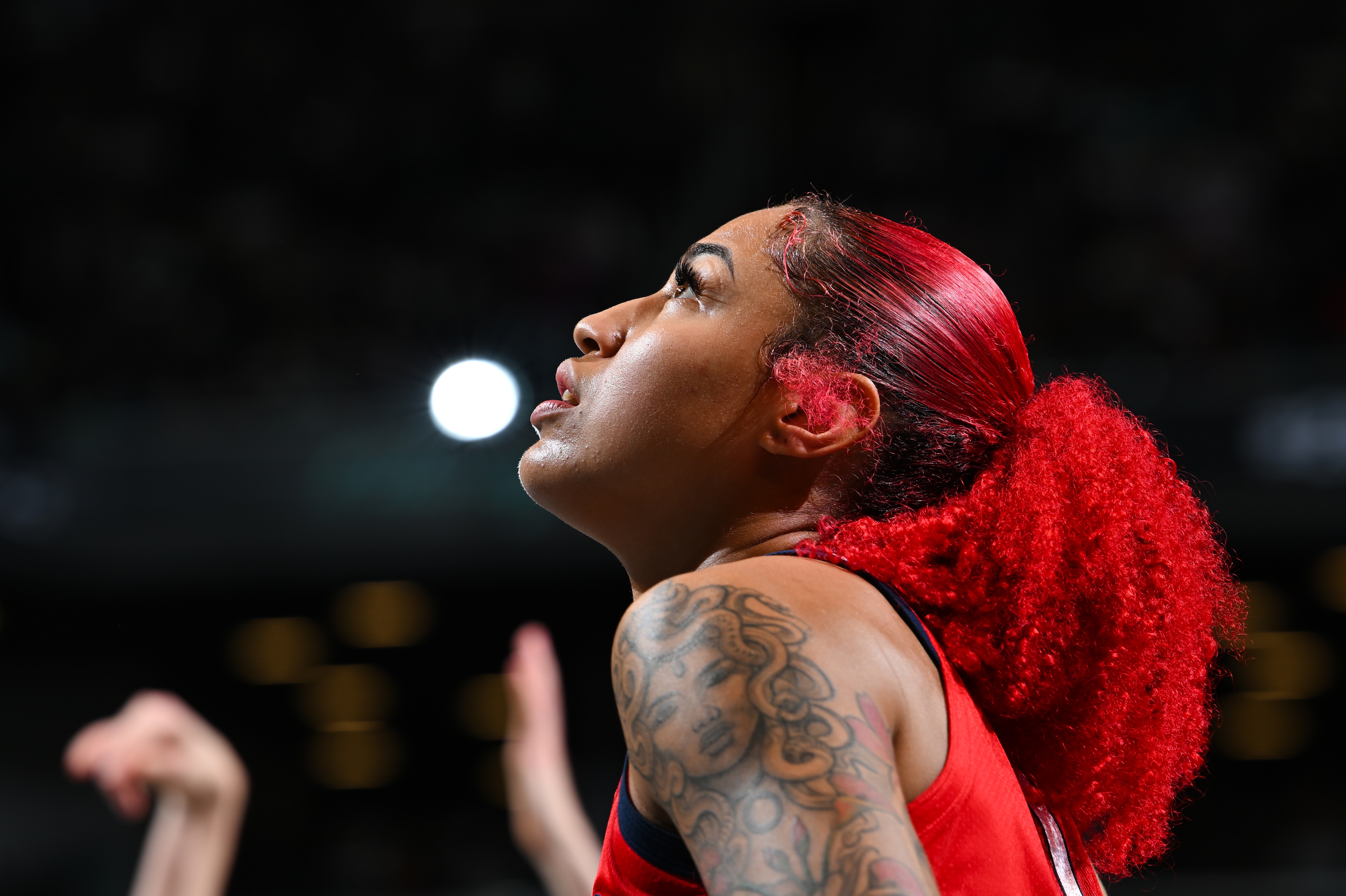 Shakira Austin #0 of the Washington Mystics looks on during the game against the New York Liberty