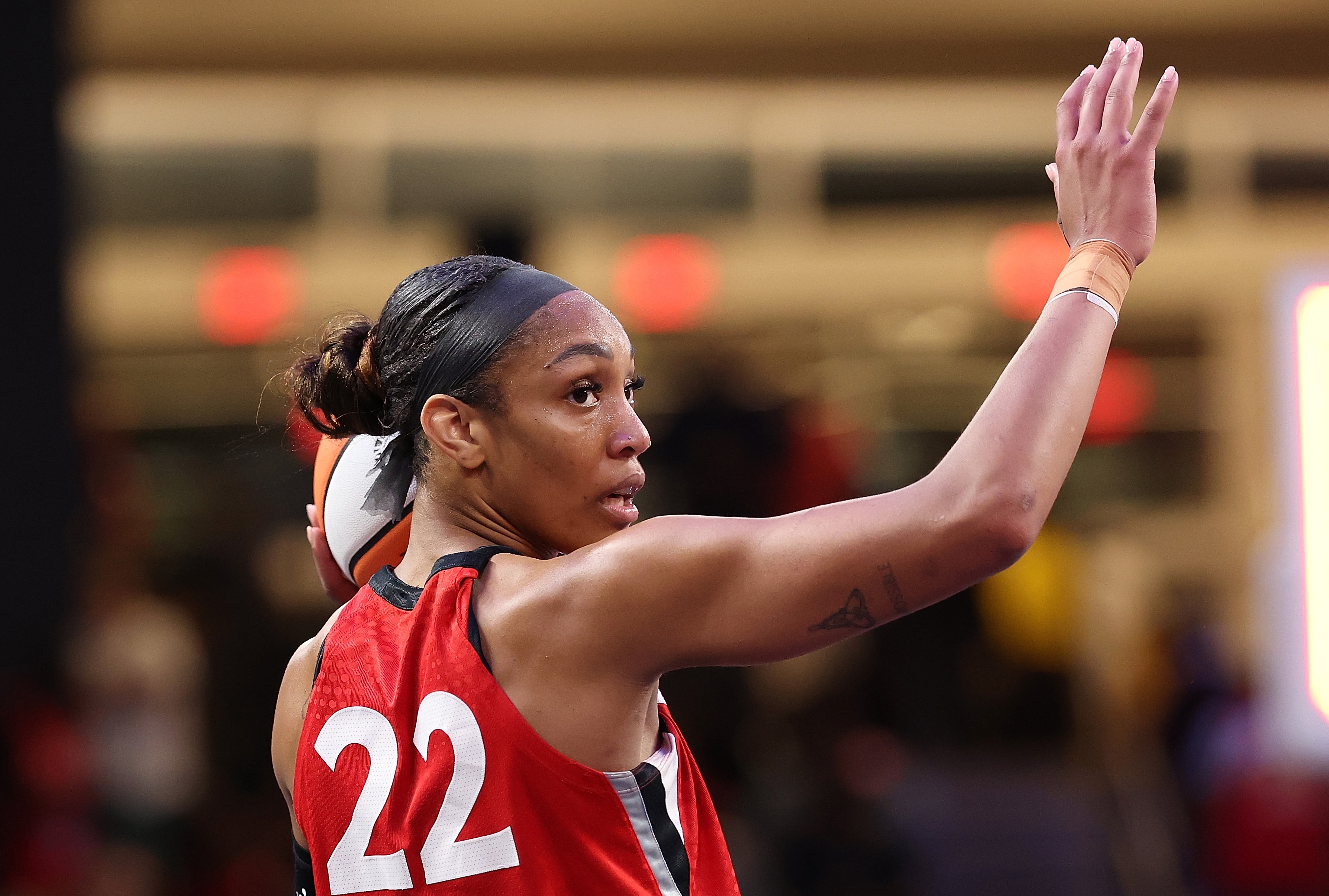 A'ja Wilson #22 of the Las Vegas Aces reacts after their 81-75 win over the Atlanta Dream