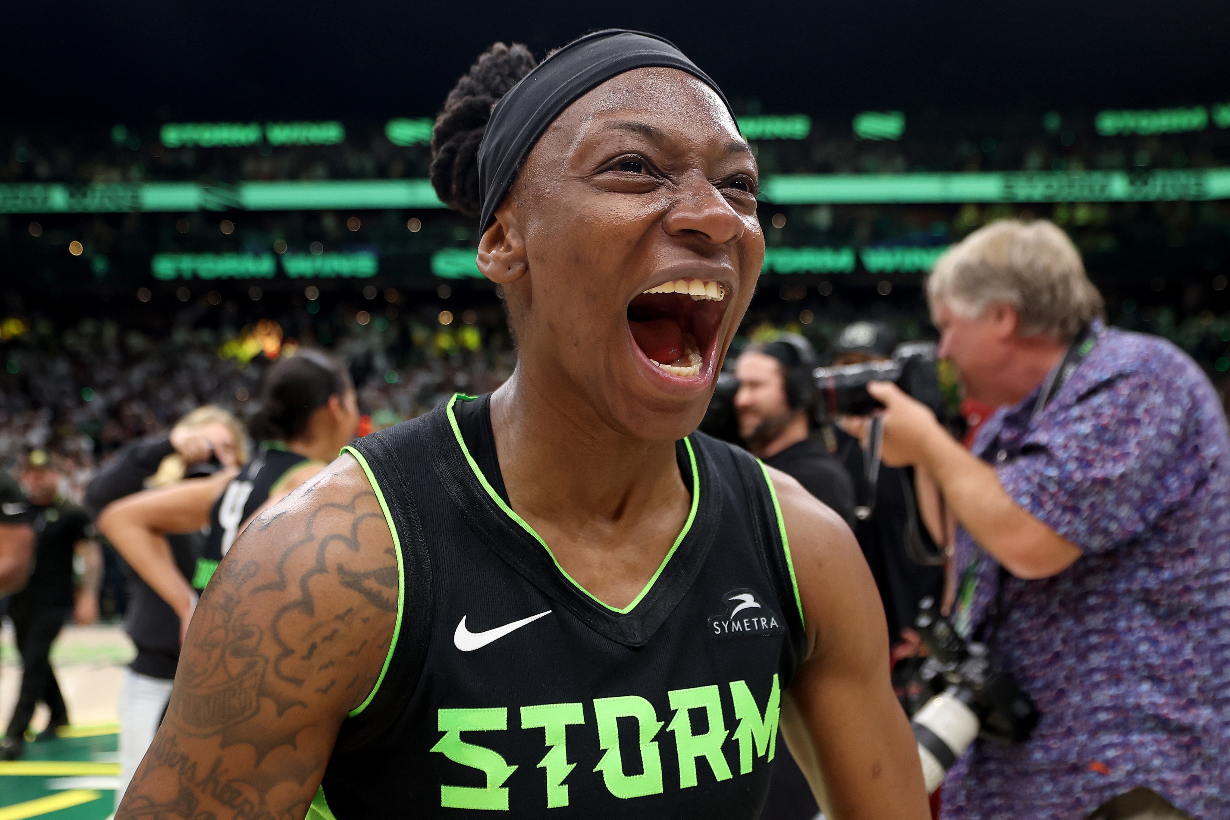 Erica Wheeler #17 of the Seattle Storm showing emotion after Game 2 vs. the Las Vegas Aces.