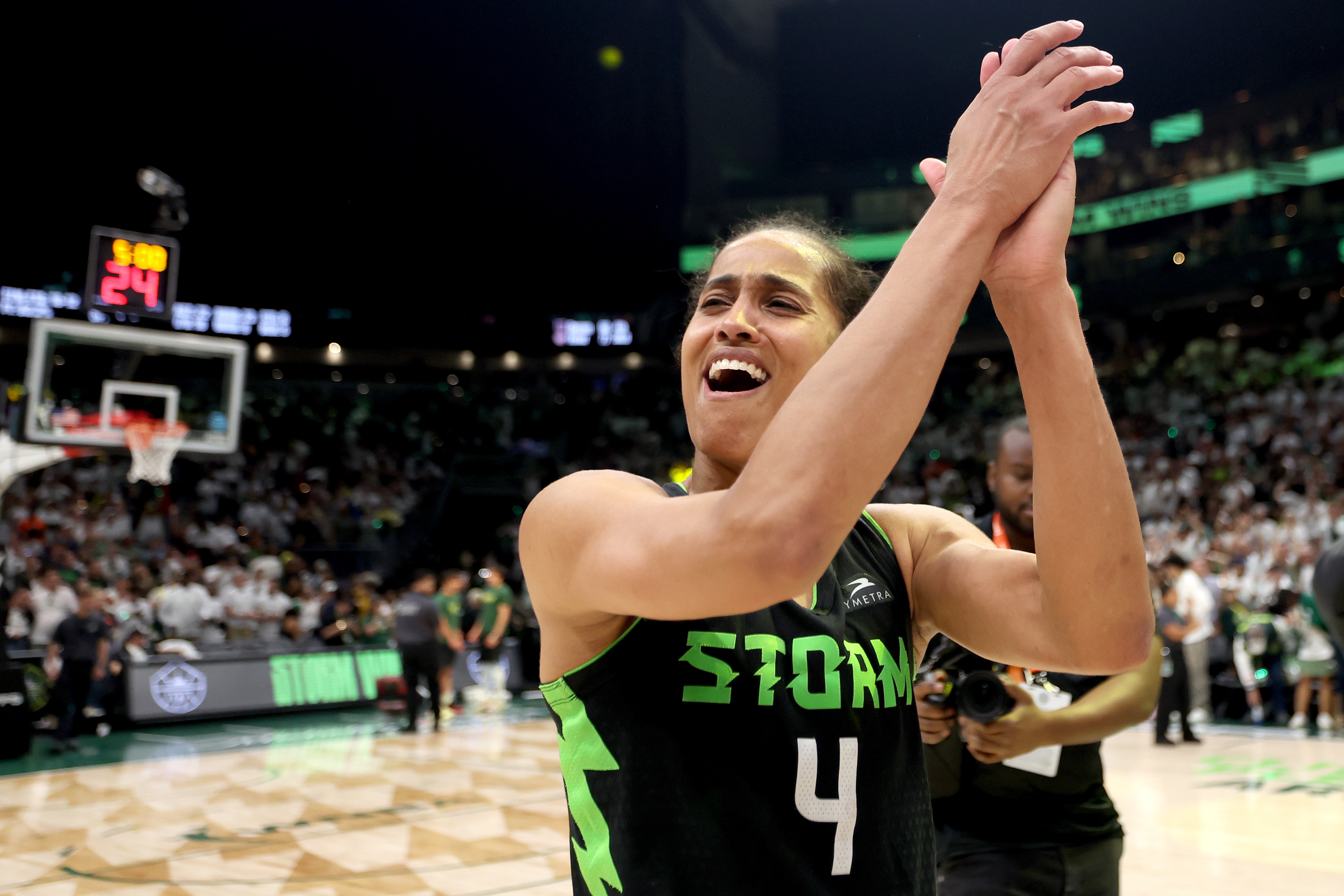 Skylar Diggins #4 of the Seattle Storm showing emotion after Game 2 vs. the Las Vegas Aces.