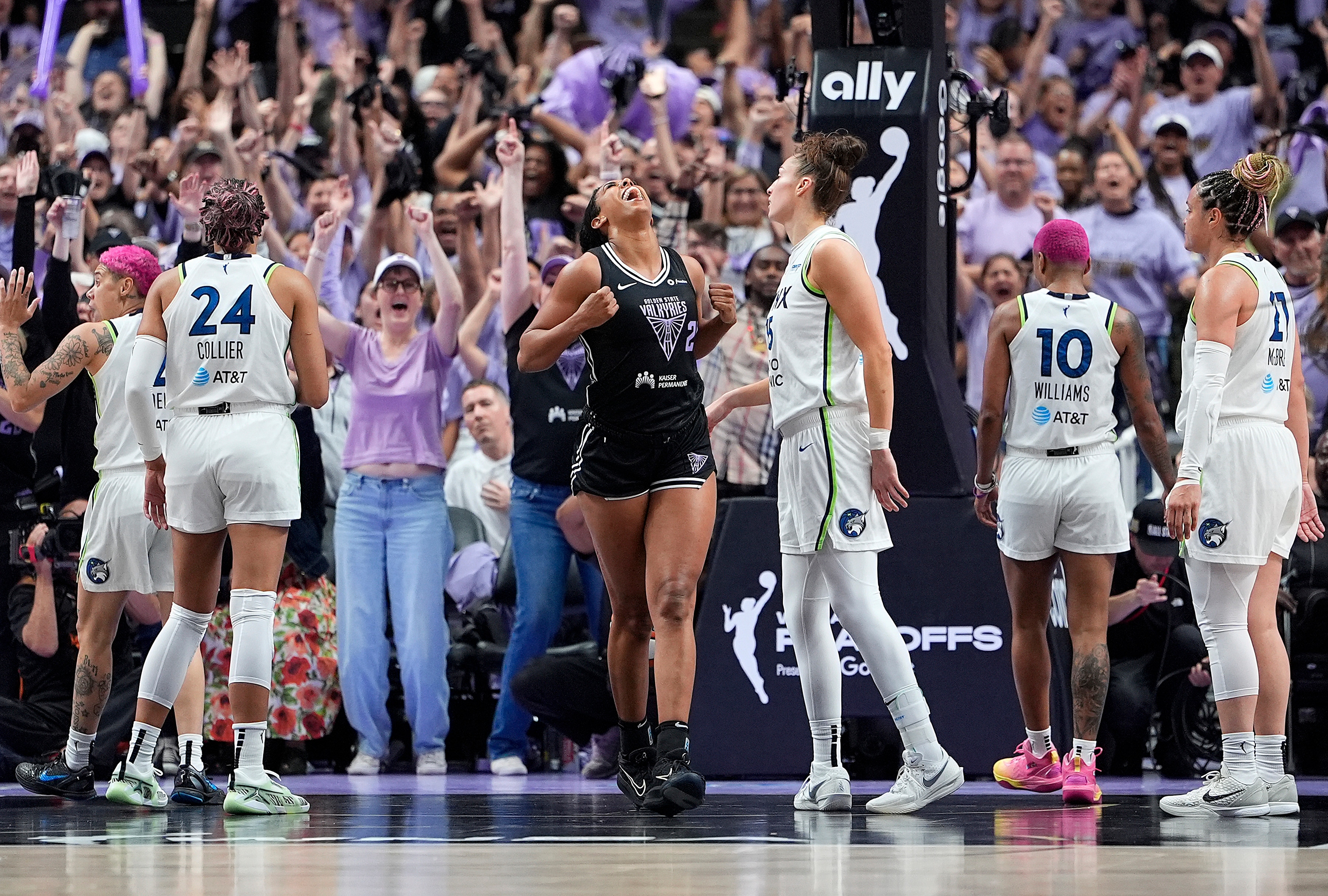 SAN JOSE, CALIFORNIA - SEPTEMBER 17: Monique Billings #25 of the Golden State Valkyries reacts after scoring and being fouled on the shot against the Minnesota Lynx during the second half in the first round of Game Two of WNBA Playoffs at Sap Center on September 17, 2025 in San Jose, California. NOTE TO USER: User expressly acknowledges and agrees that, by downloading and or using this photograph, User is consenting to the terms and conditions of the Getty Images License Agreement. (Photo by Thearon W. Henderson/Getty Images)