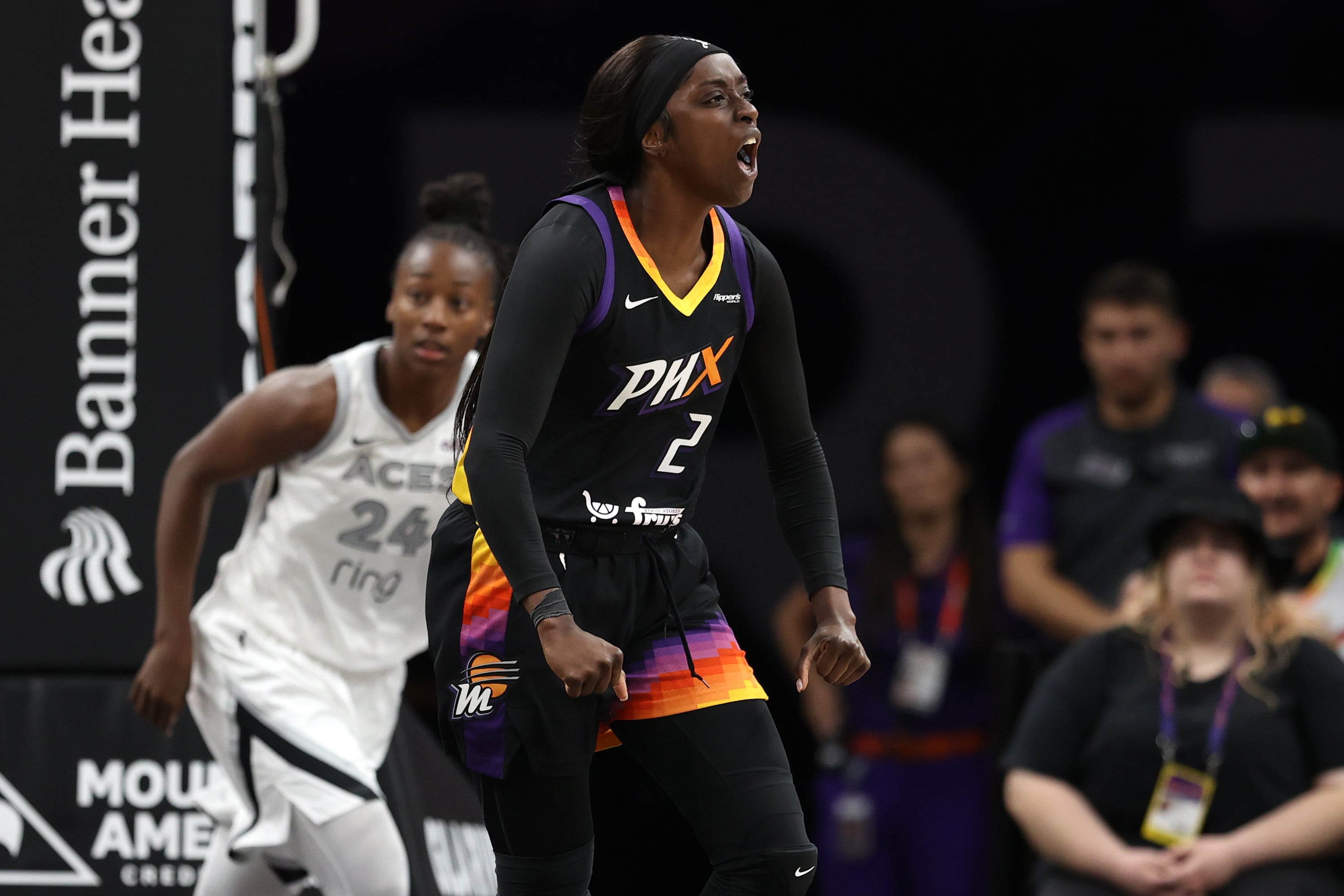 Kahleah Copper #2 of the Phoenix Mercury reacts after making a basket during the second half against the Las Vegas Aces