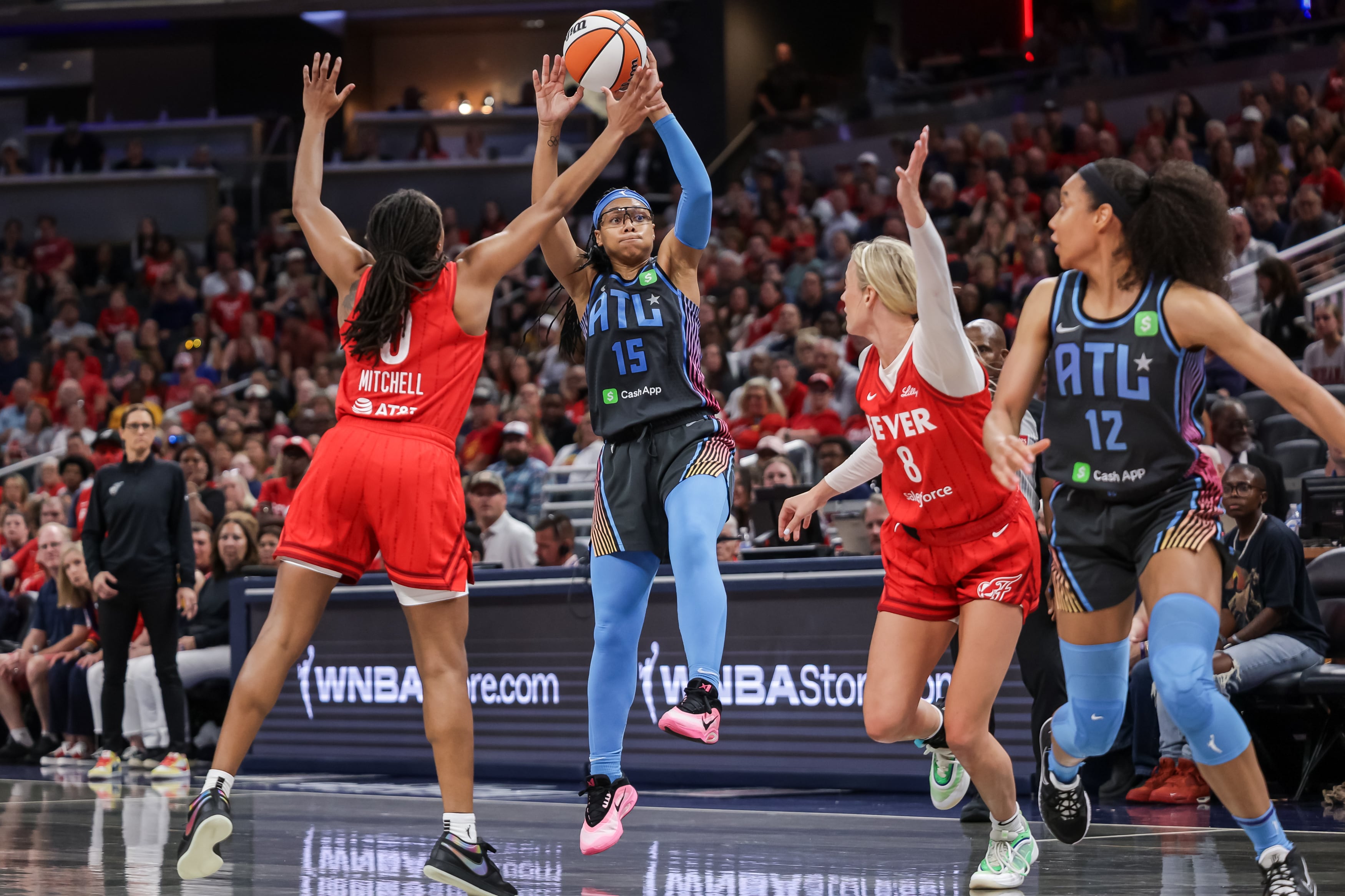 Allisha Gray #15 of the Atlanta Dream passes the ball during the game against the Indiana Fever