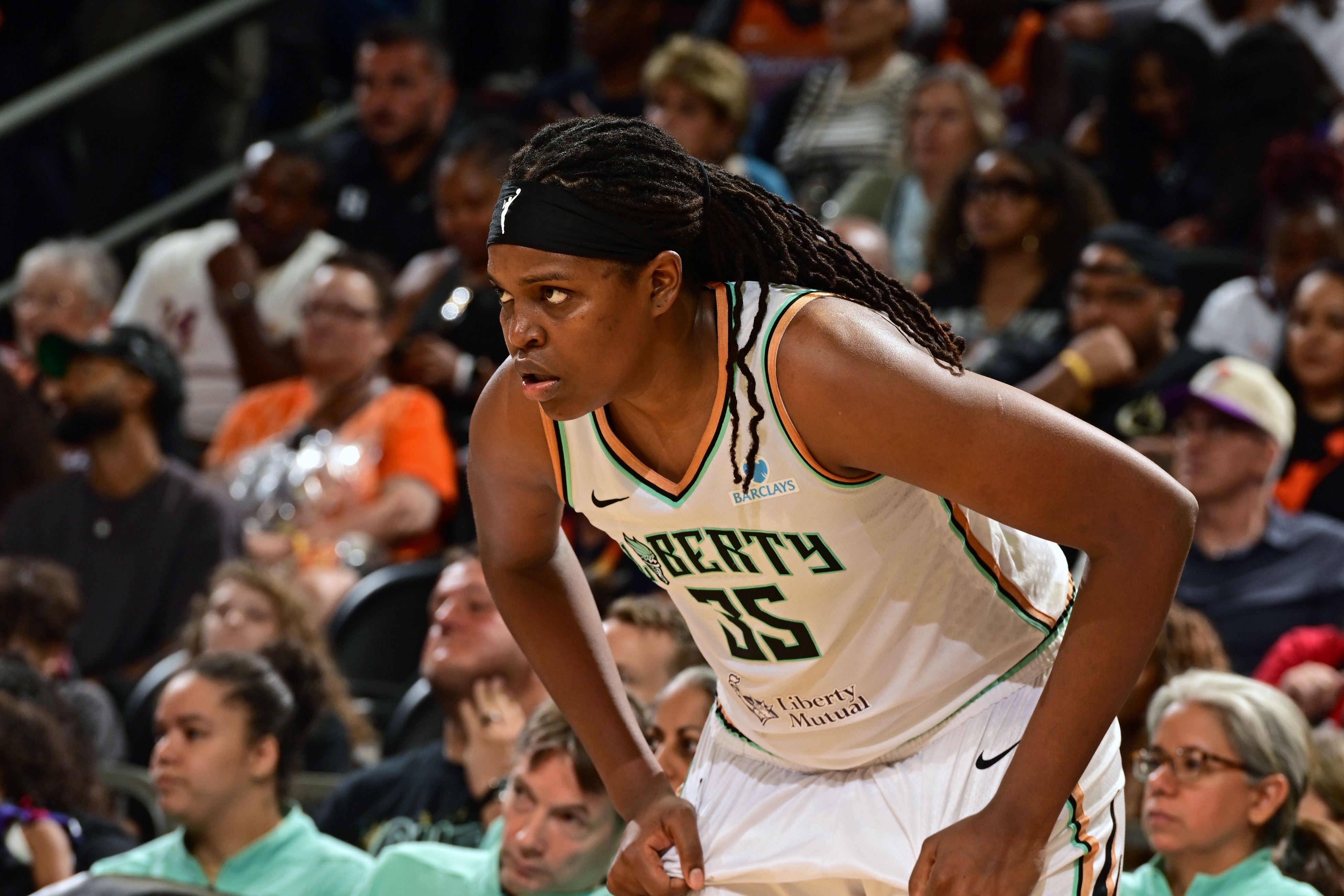 Jonquel Jones #35 of the New York Liberty looks on during the game against the Phoenix Mercury