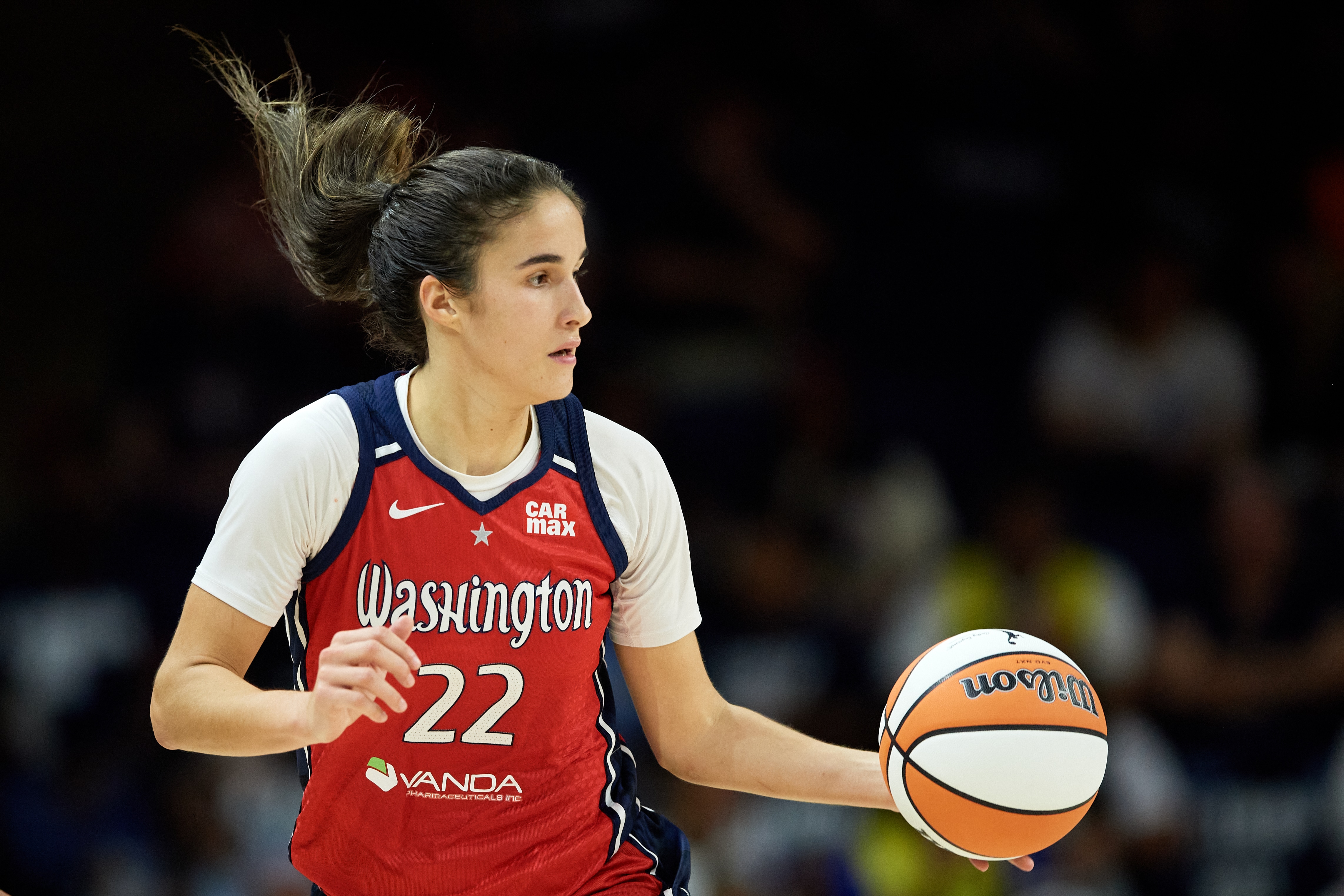 Sonia Citron #22 of the Washington Mystics dribbles the ball against the Seattle Storm
