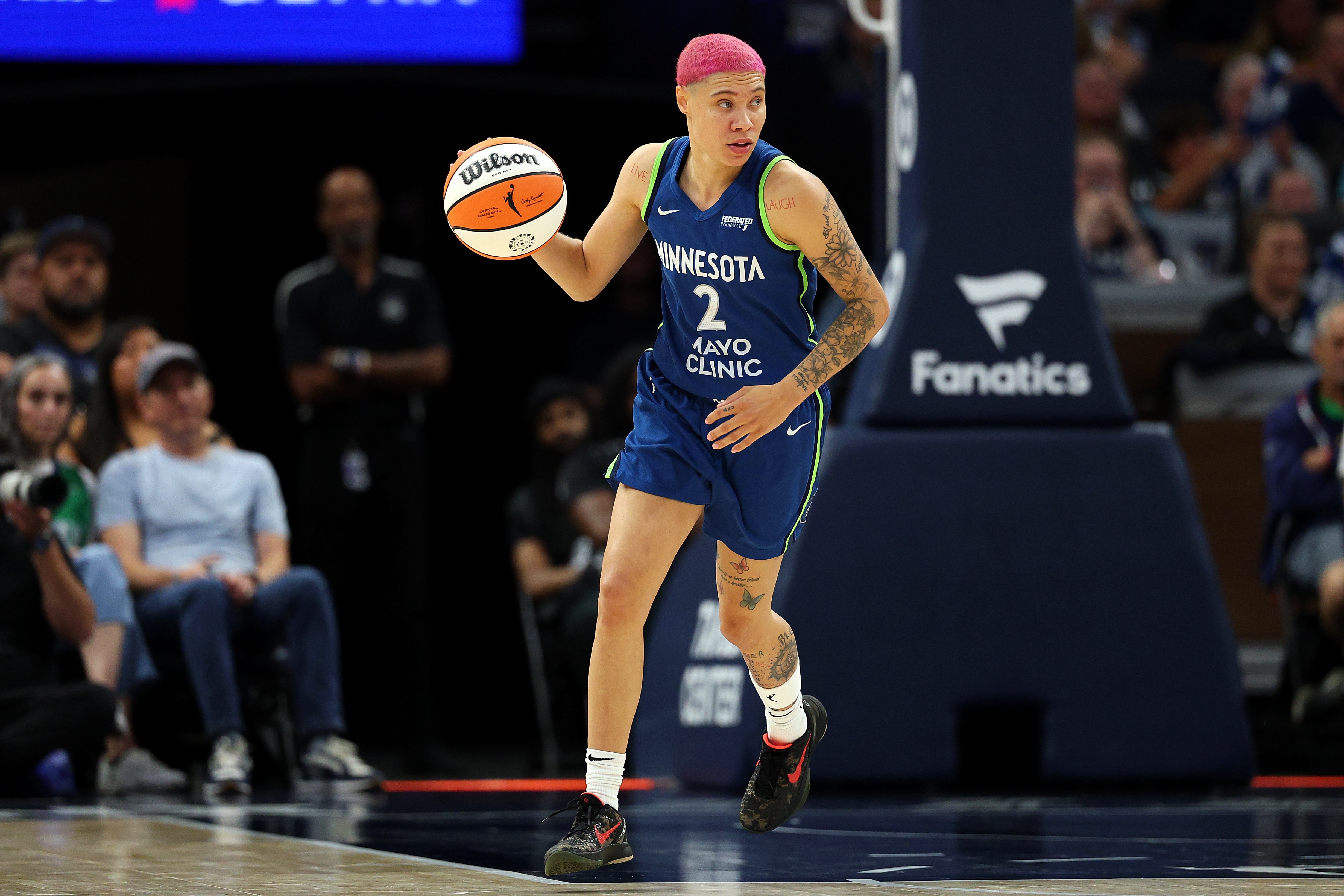 Natisha Hiedeman #2 of the Minnesota Lynx dribbles the ball against the Seattle Storm