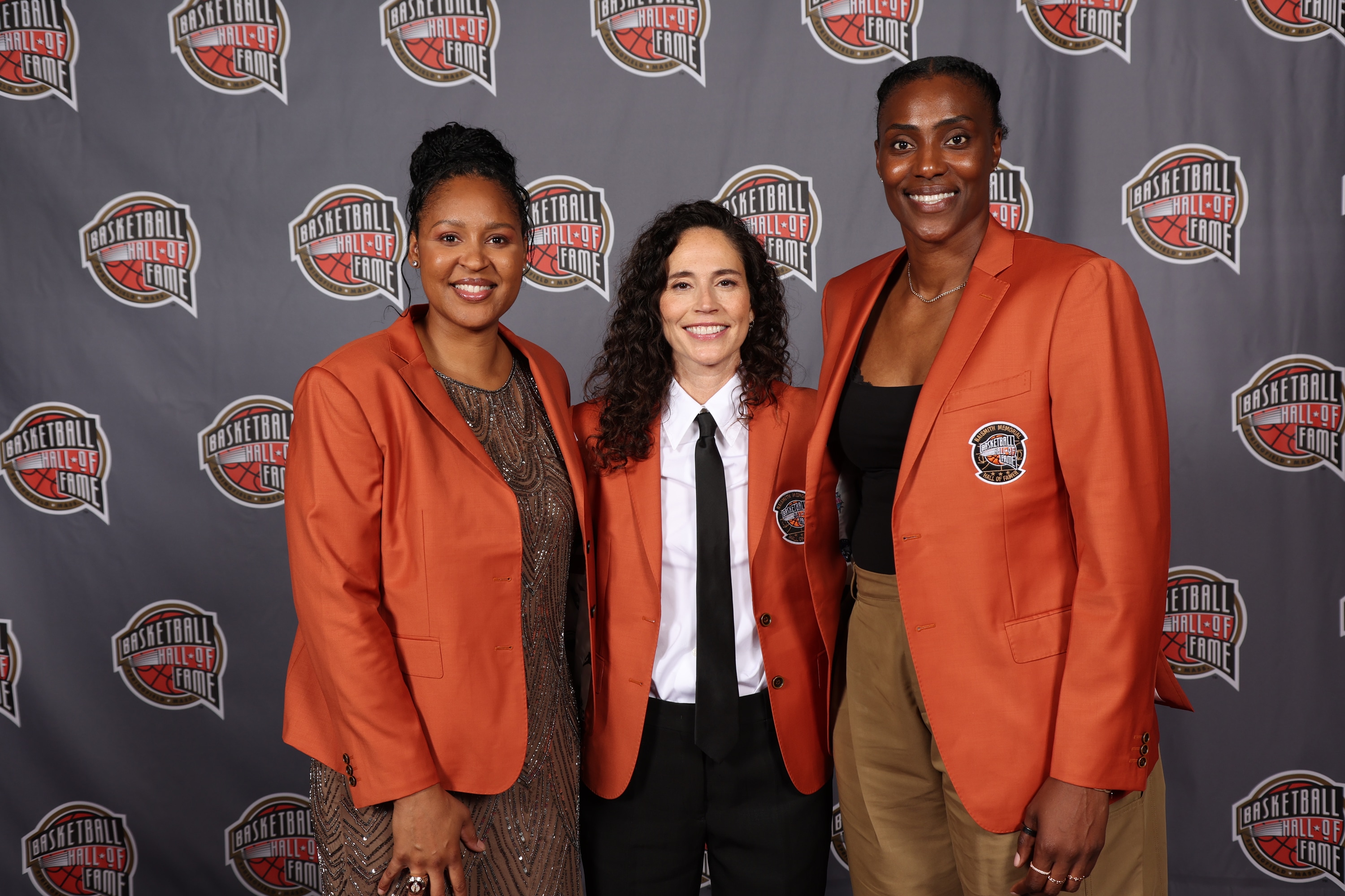 Maya Moore, Sue Bird and Sylvia Fowles pose for portraits during 2025 Hall of Fame Tip-Off Celebration & Awards Gala as part of the 2025 Basketball Hall of Fame Enshrinement Ceremony on September 5, 2025 at Mohegan Sun in Uncasville, Connecticut