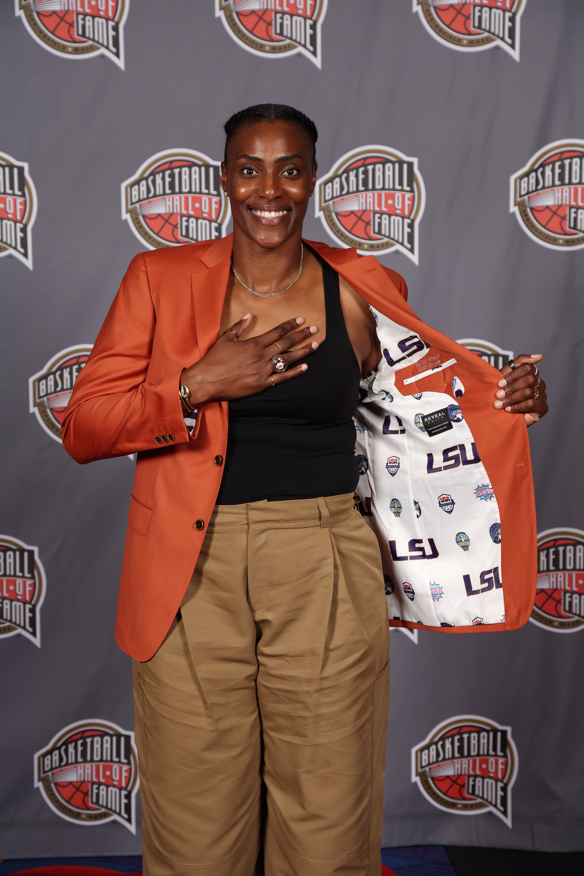 Sylvia Fowles shows the inside of her Hall of Fame jacket for portraits during 2025 Hall of Fame Tip-Off Celebration & Awards Gala as part of the 2025 Basketball Hall of Fame Enshrinement Ceremony on September 5, 2025 at Mohegan Sun in Uncasville, Connecticut.