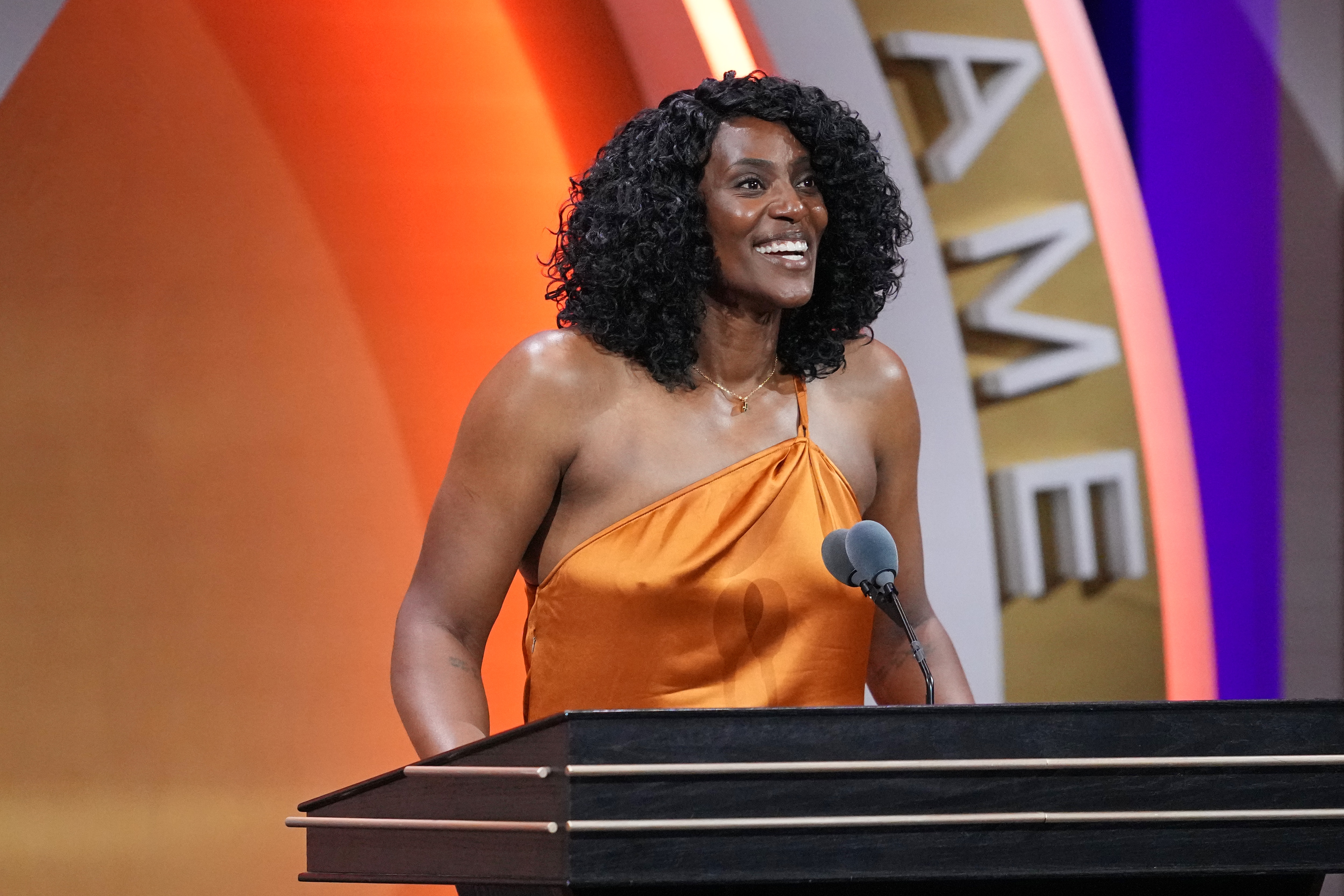 Sylvia Fowles talks during the 2025 Basketball Hall of Fame Enshrinement Ceremony on September 6, 2025 at Symphony Hall in Springfield, Massachusetts.
