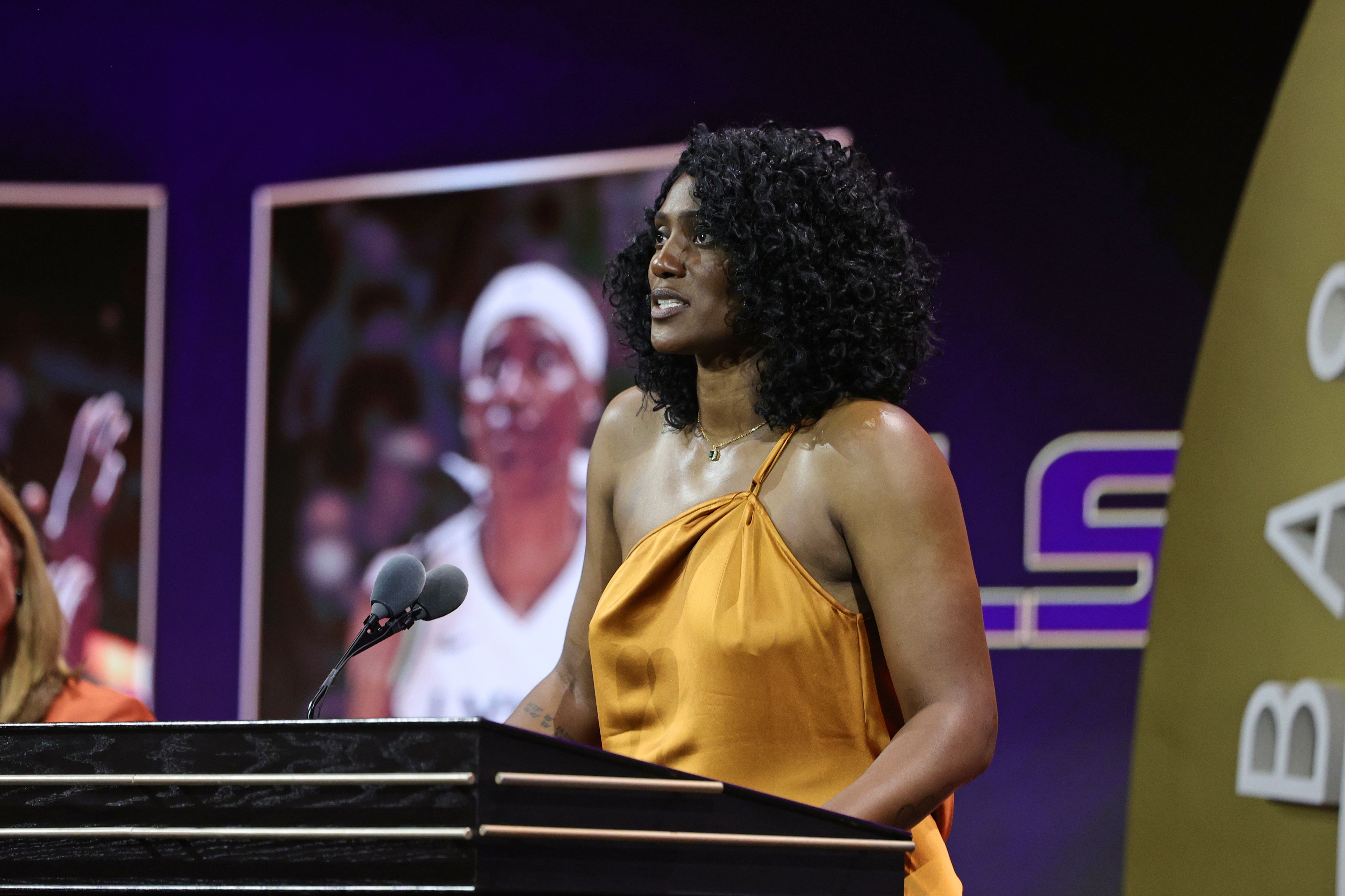 Sylvia Fowles speaks during the 2025 Basketball Hall of Fame Enshrinement Ceremony on September 6, 2025 at Symphony Hall in Springfield, Massachusetts.