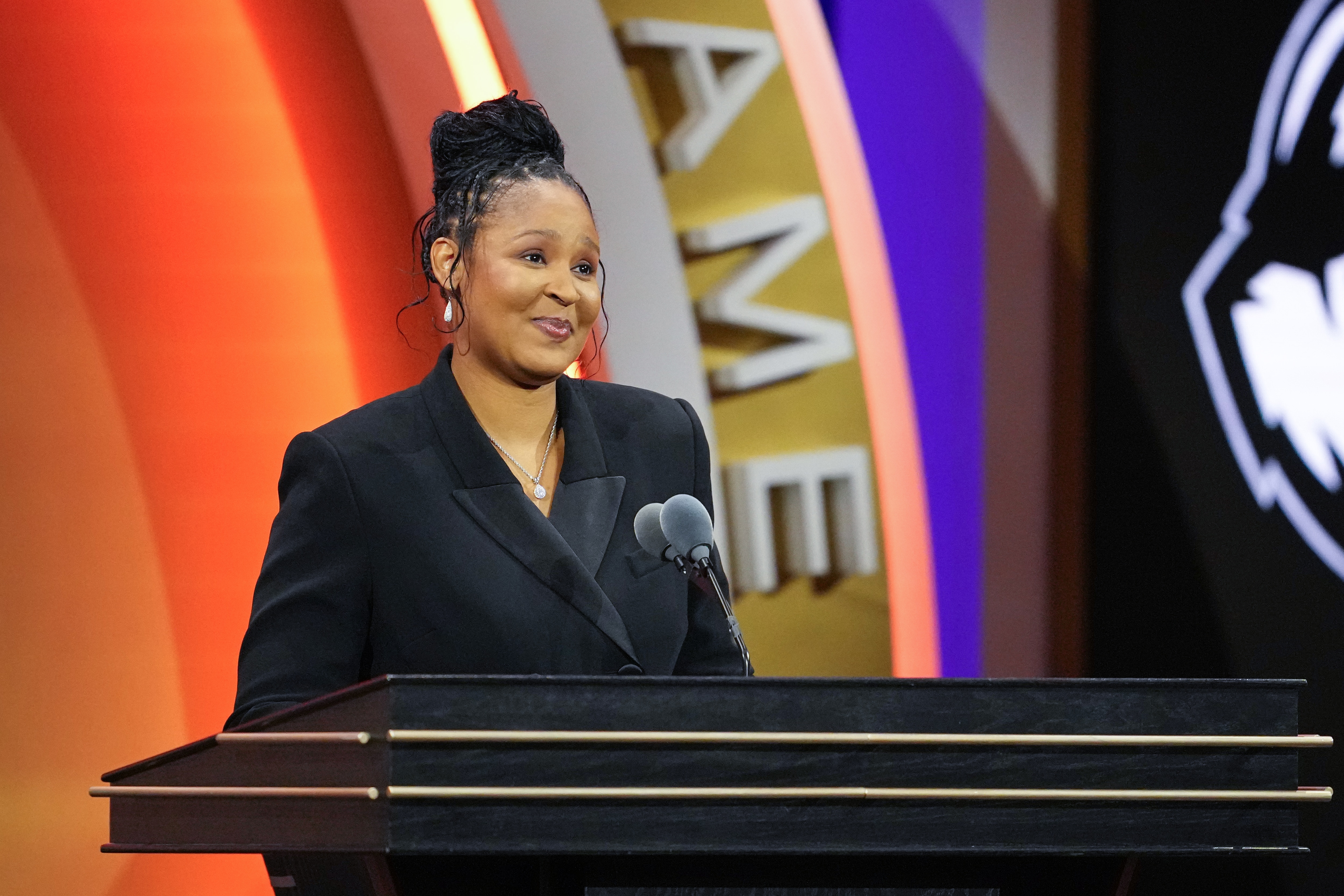 Maya Moore speaks during the 2025 Basketball Hall of Fame Enshrinement Ceremony on September 6, 2025 at Symphony Hall in Springfield, Massachusetts