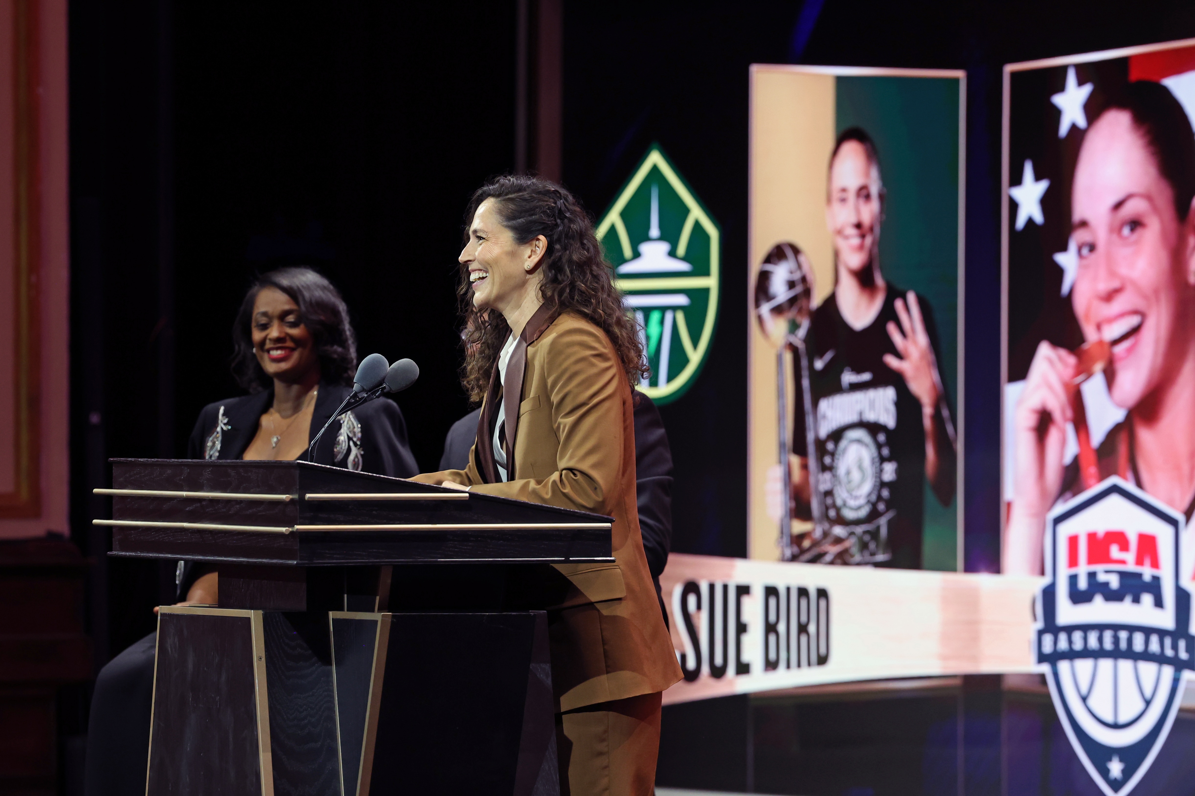 Sue Bird gives a speech during the 2025 Basketball Hall of Fame Enshrinement Ceremony on September 6, 2025 at the Naismith Basketball Hall of Fame in Springfield, Massachusetts.