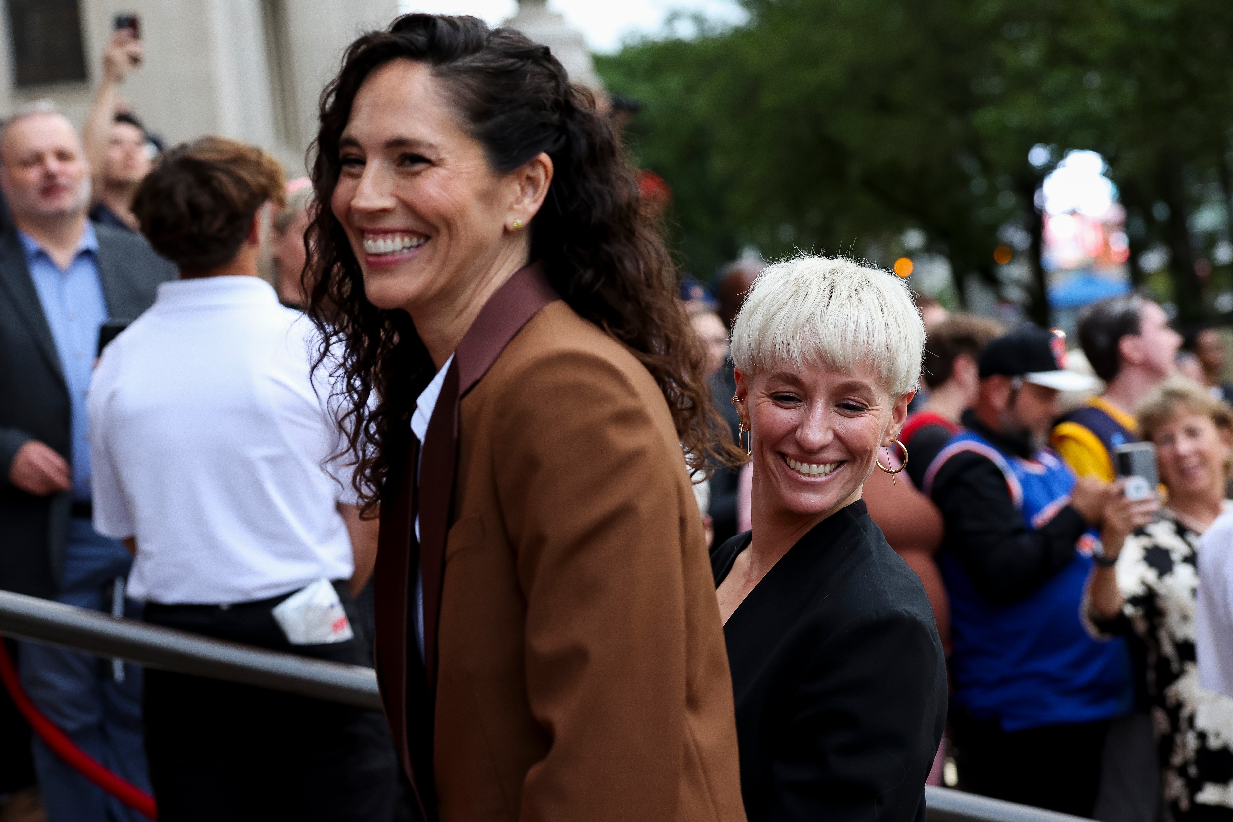 Sue Bird and Megan Rapinoe arrive to the 2025 Basketball Hall of Fame Enshrinement Ceremony at Symphony Hall on September 06, 2025 in Springfield, Massachusetts.