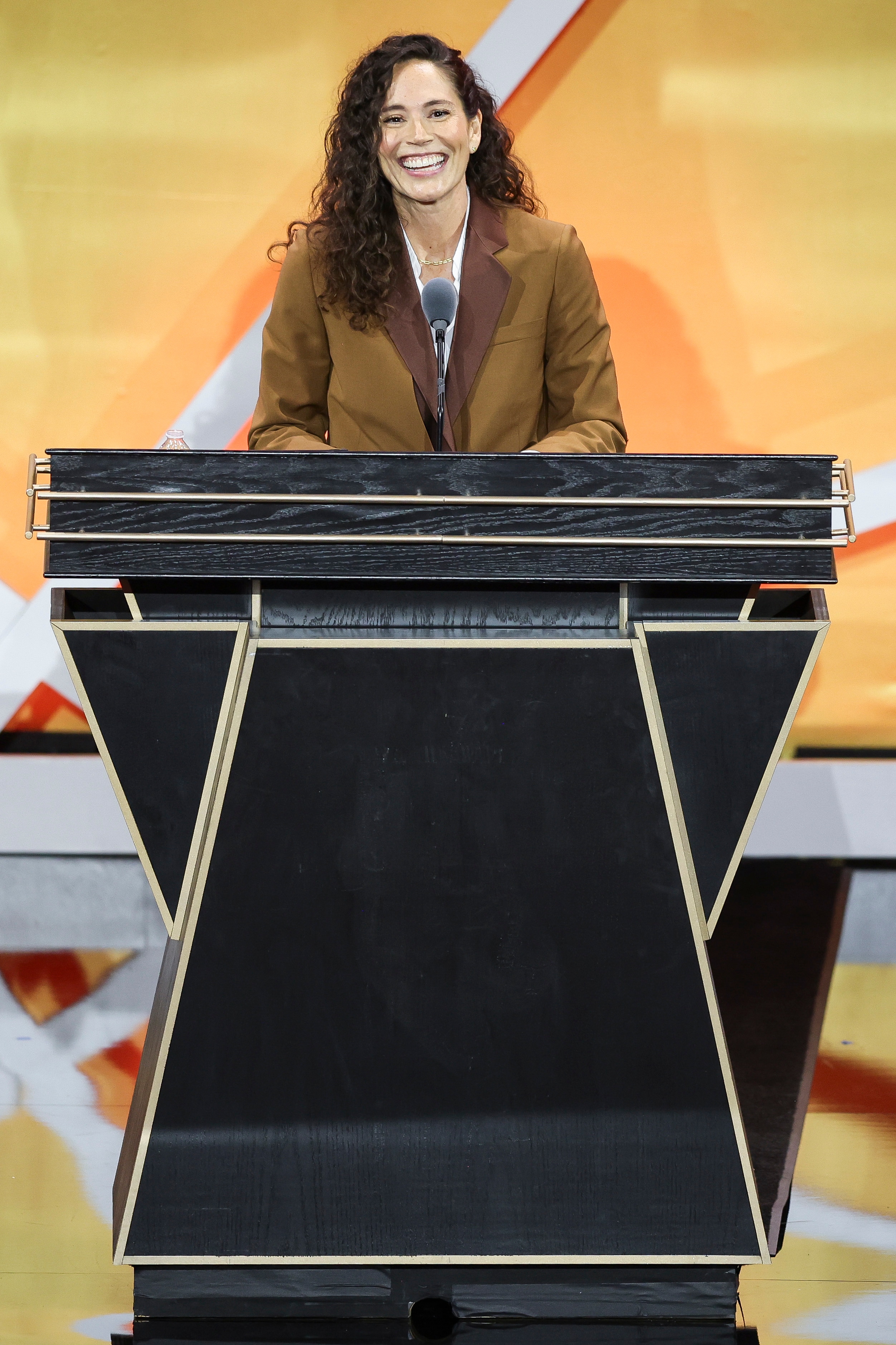 Sue Bird addresses the crowd during the 2025 Basketball Hall of Fame Enshrinement Ceremony at Symphony Hall on September 06, 2025 in Springfield, Massachusetts.