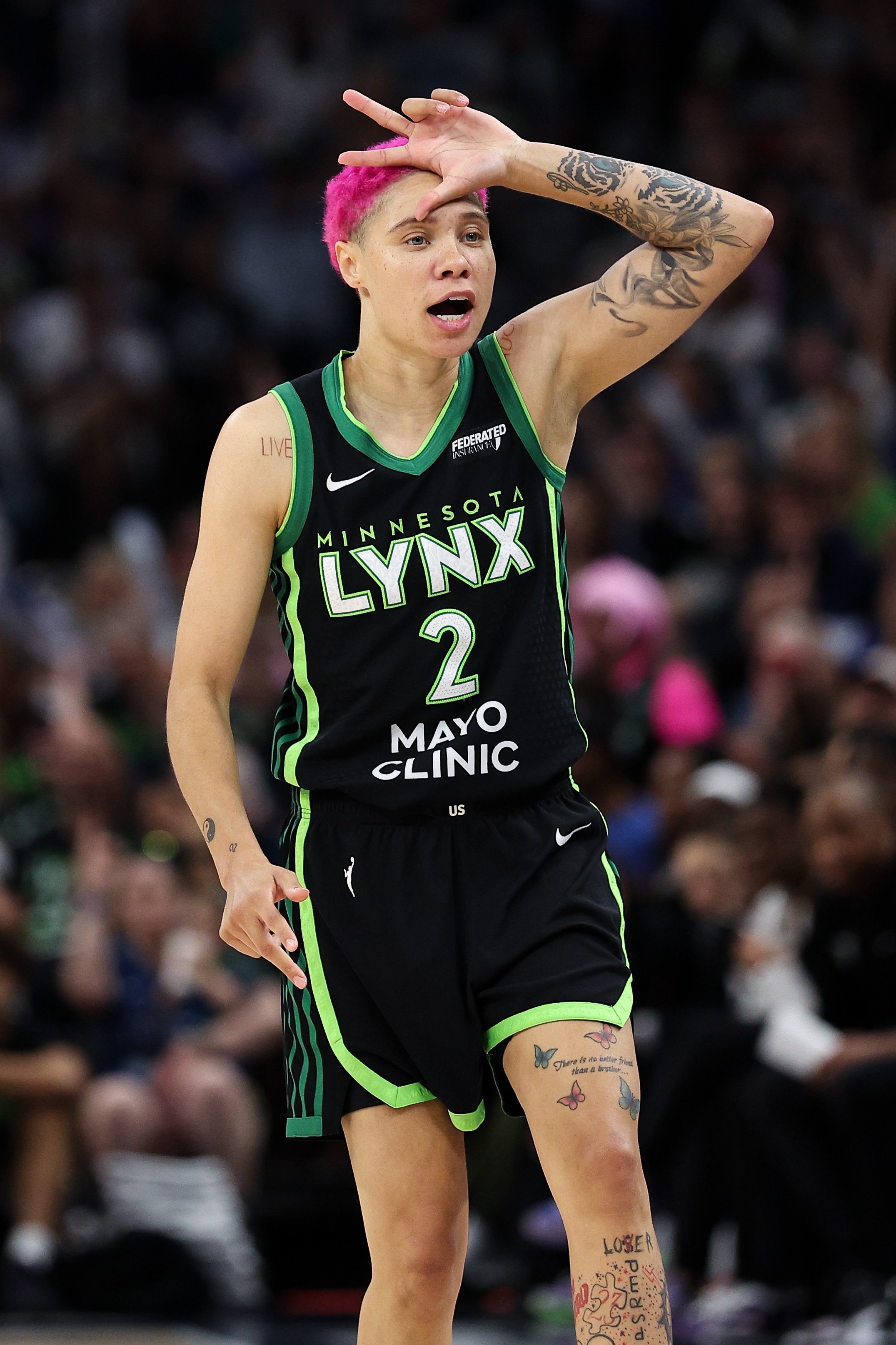 Natisha Hiedeman #2 of the Minnesota Lynx celebrates her three point basket against the Golden State Valkyries