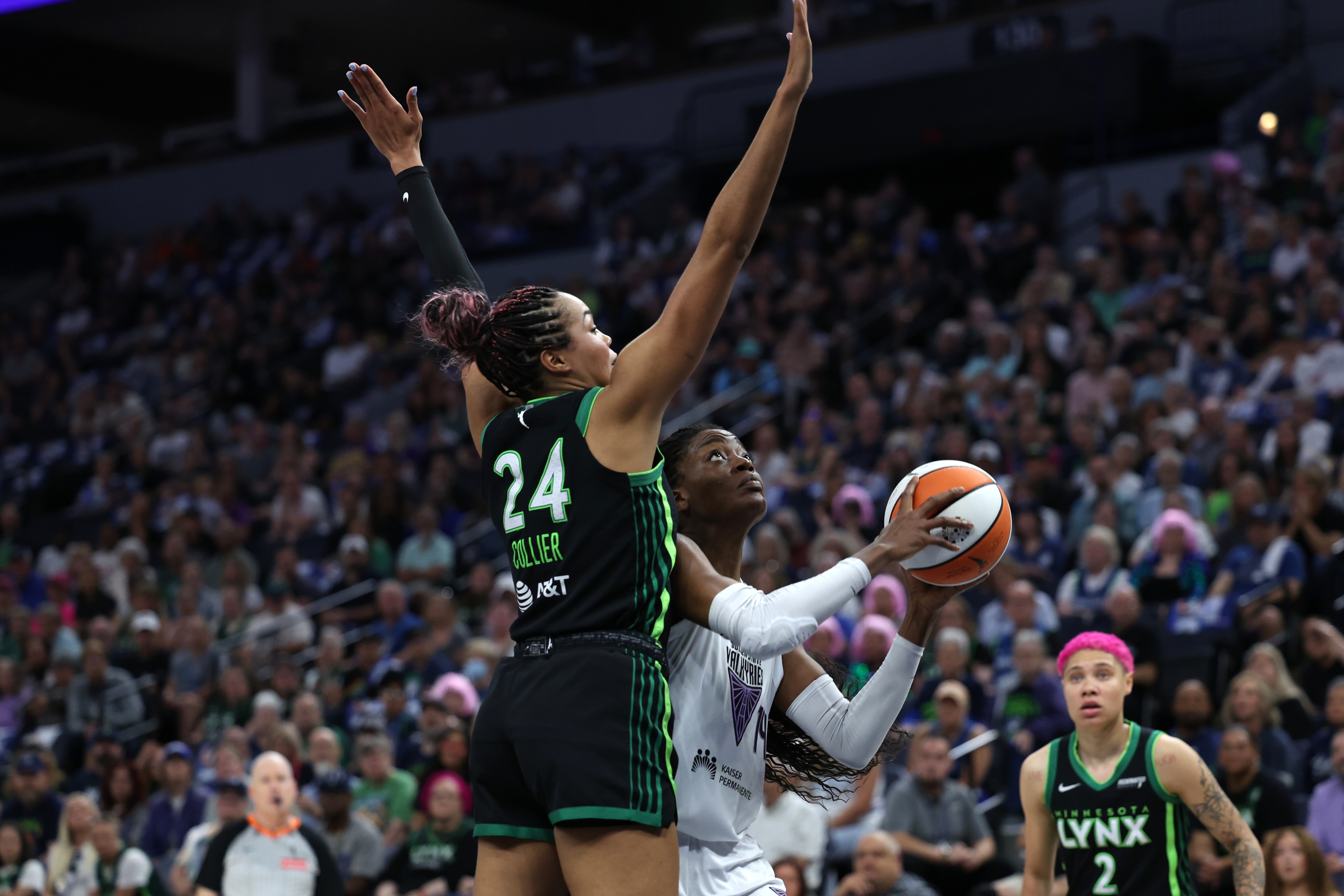 Temi Fagbenle #14 of the Golden State Valkyries drives to the basket during the game against the Minnesota Lynx