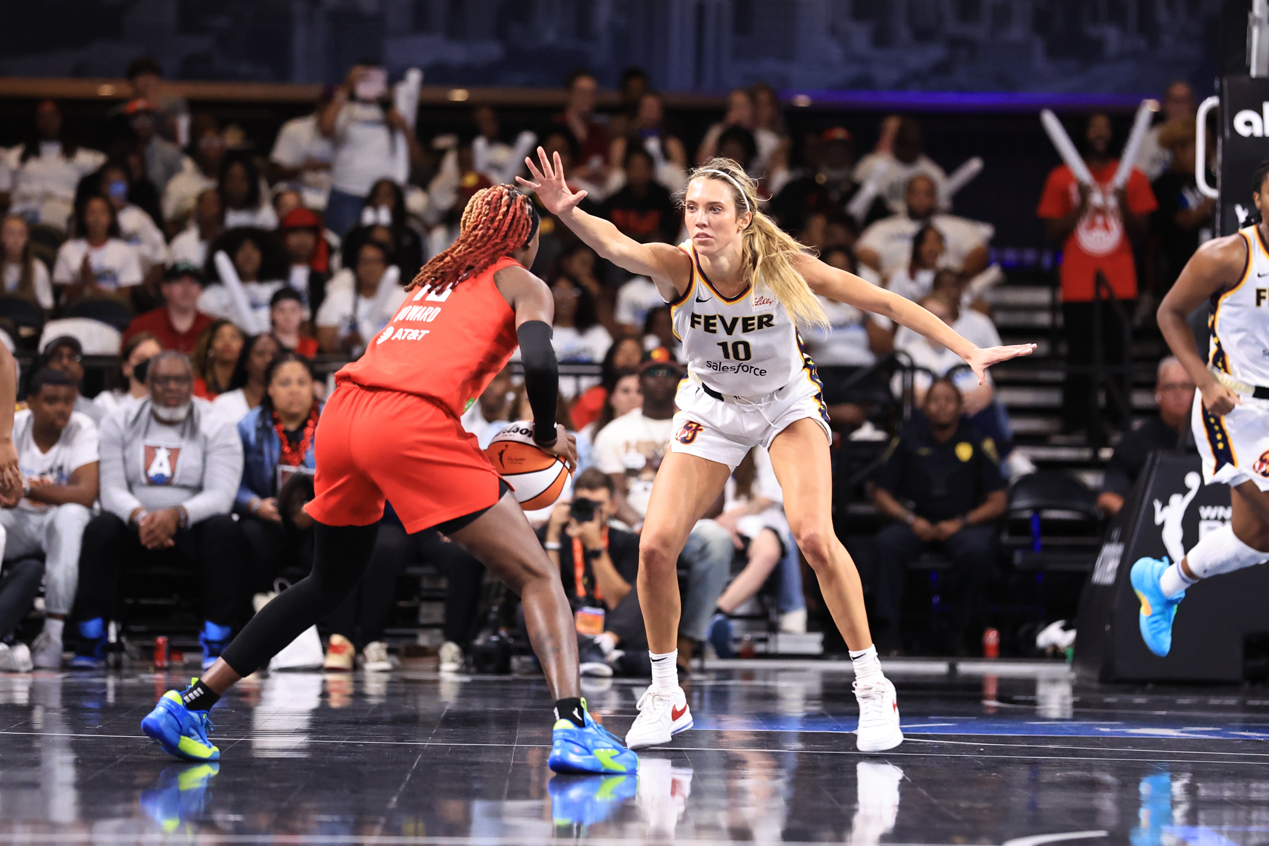 Lexie Hull #10 of the Indiana Fever plays defense during the game against the Atlanta Dream