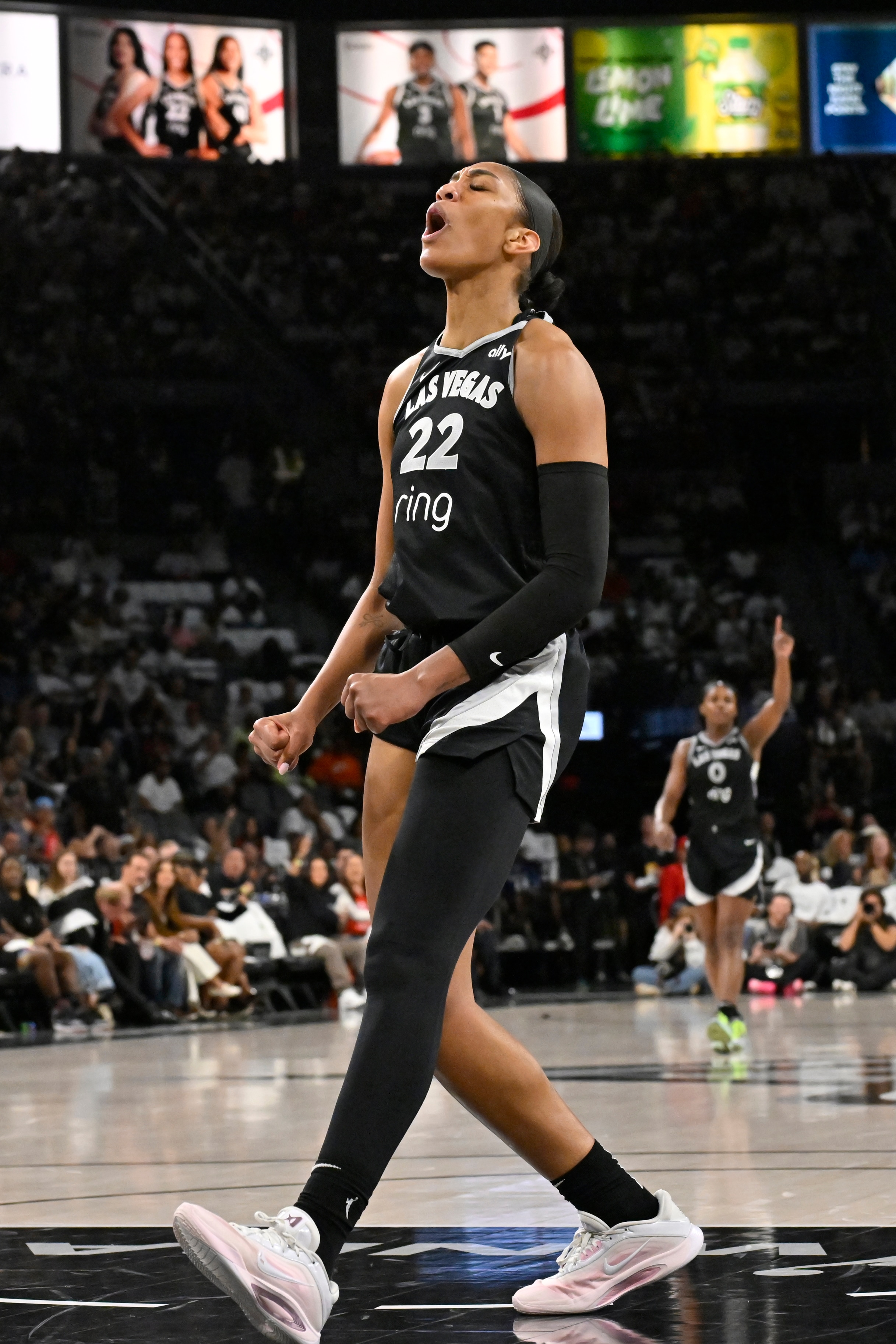 A'ja Wilson #22 of the Las Vegas Aces celebrates during the game against the Seattle Storm