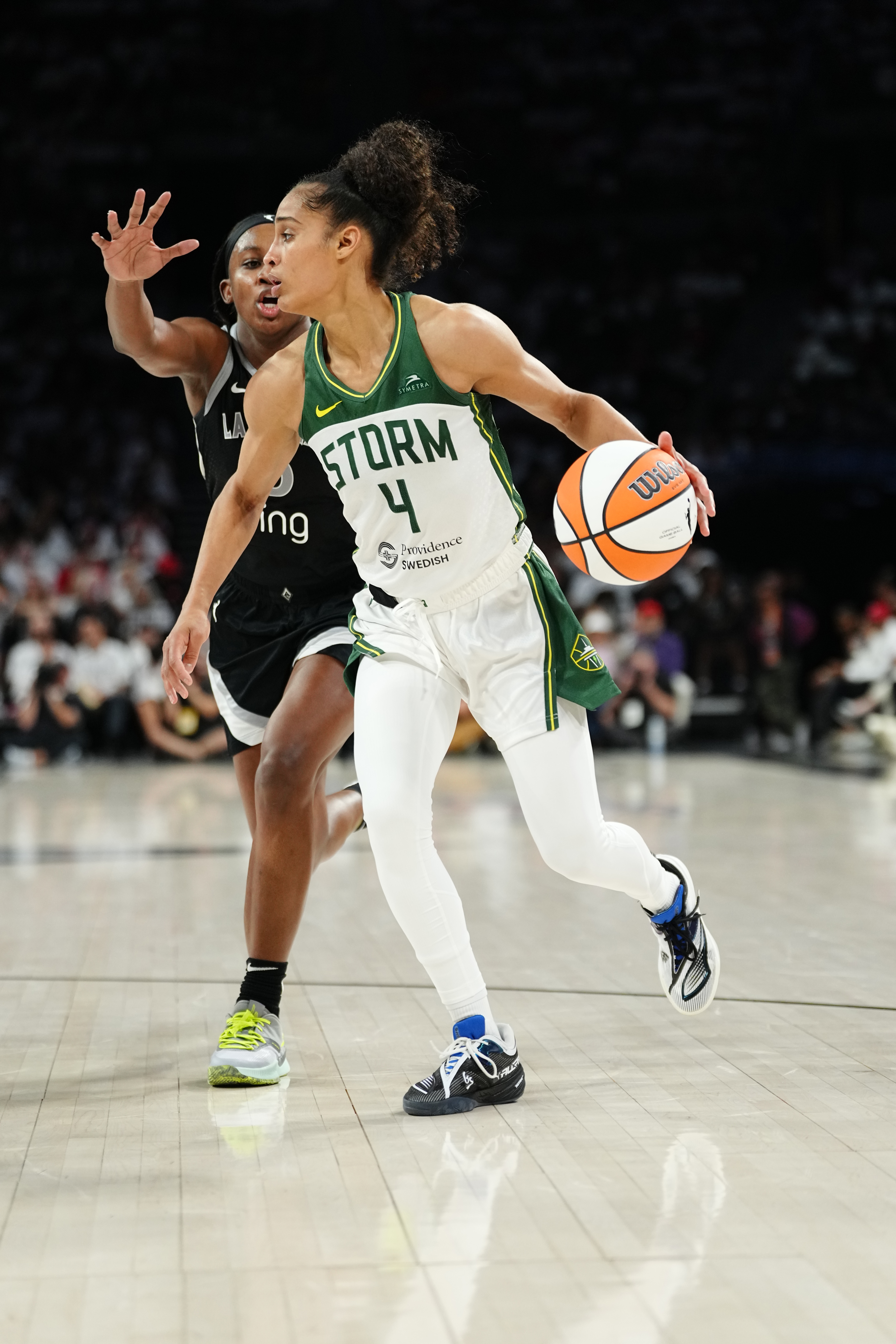 Skylar Diggins #4 of the Seattle Storm handles the ball during the game against the Las Vegas Aces