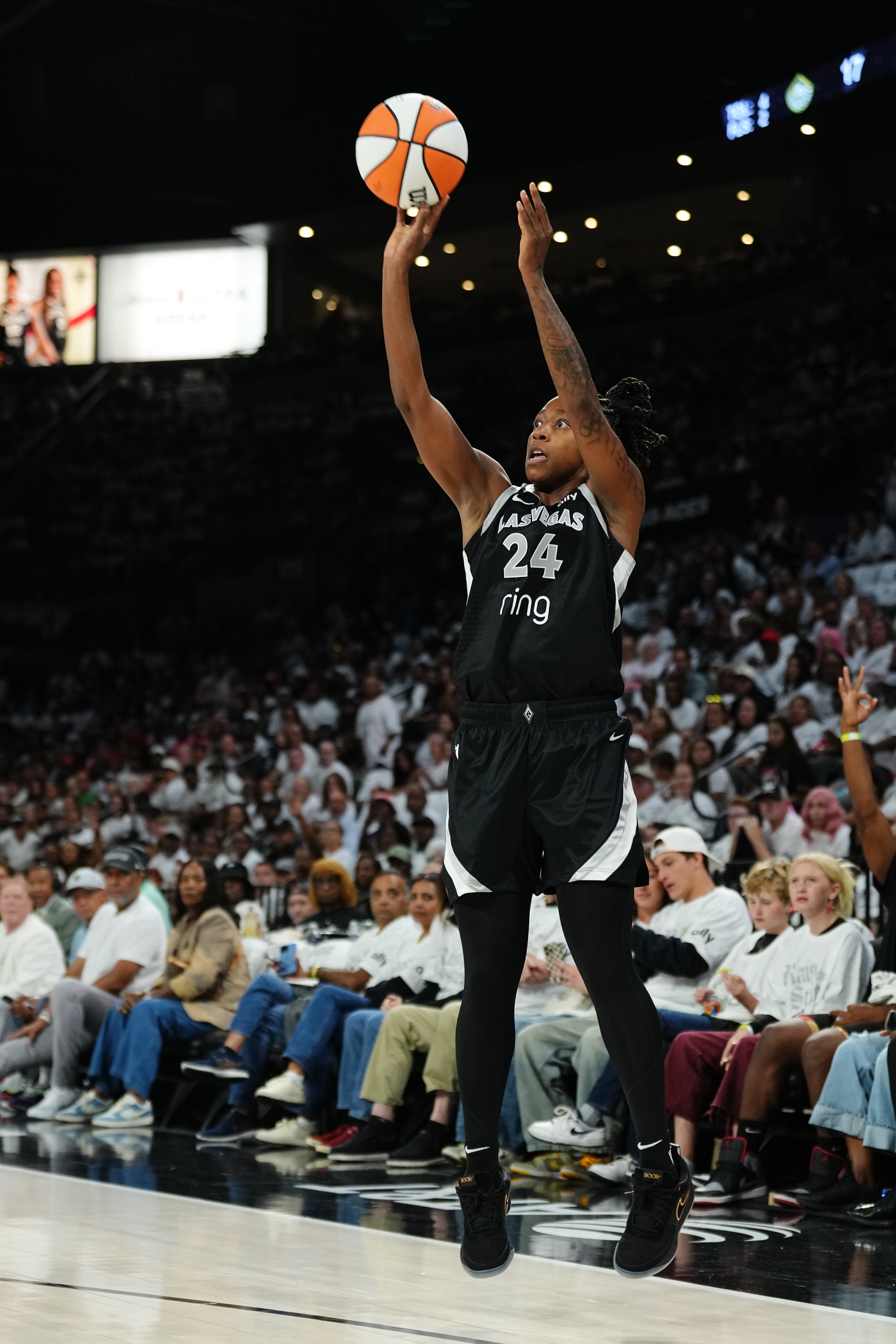 Jewell Loyd #24 of the Las Vegas Aces three point basket against the Seattle Storm