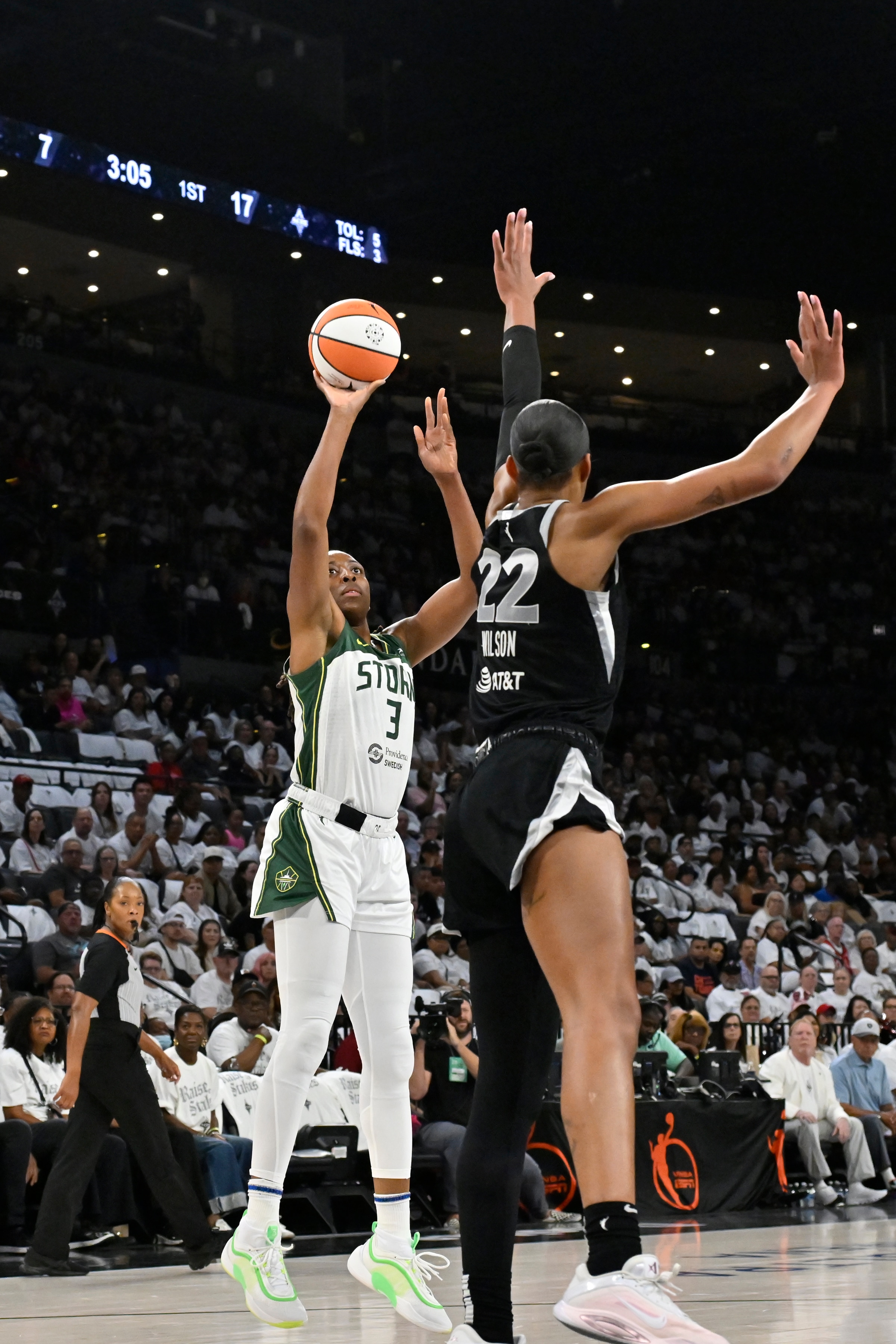 Nneka Ogwumike #3 of the Seattle Storm shoots the ball during the game against the Las Vegas Aces