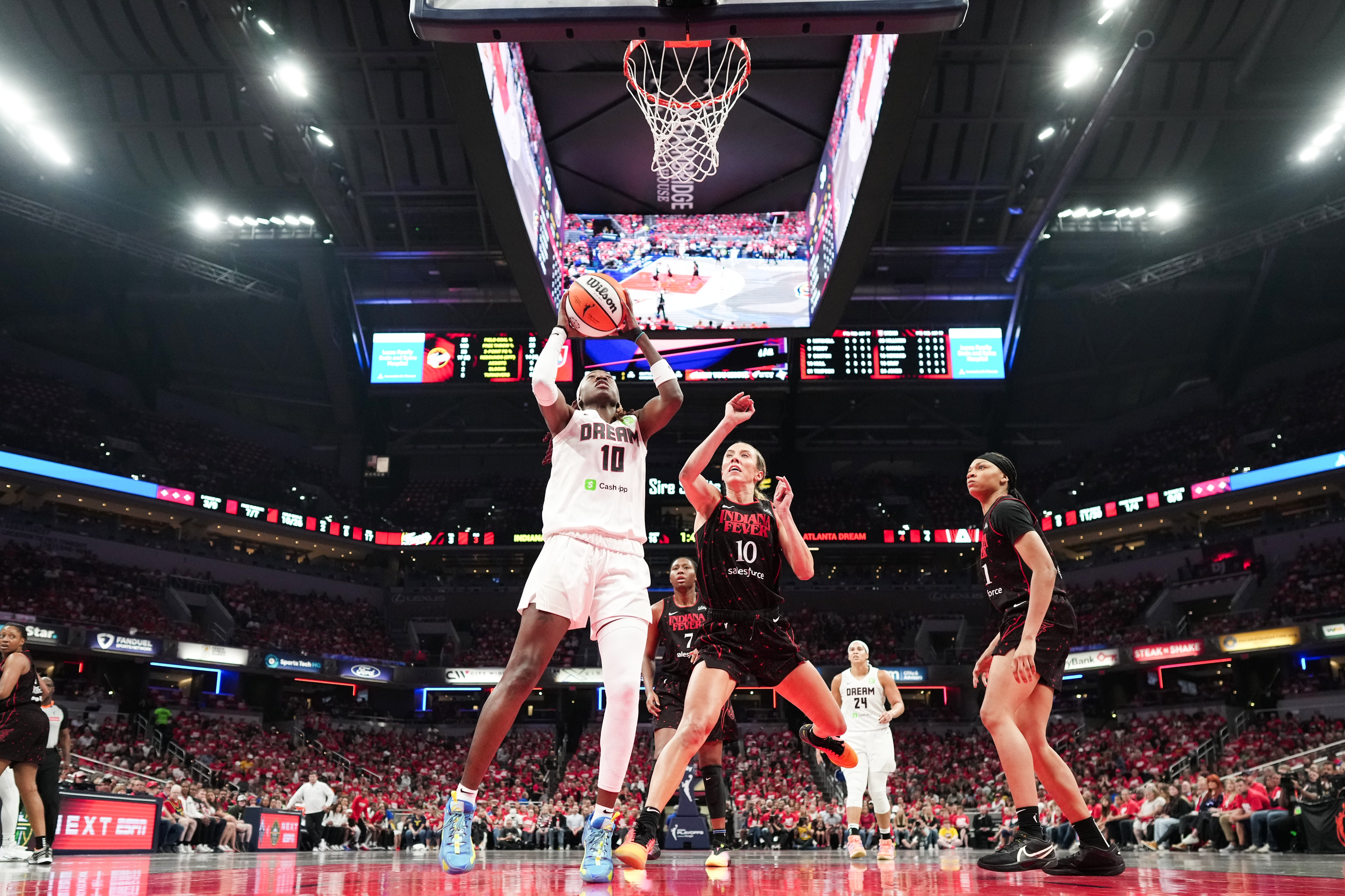 Rhyne Howard #10 of the Atlanta Dream attempts a shot vs. the Indiana Fever.