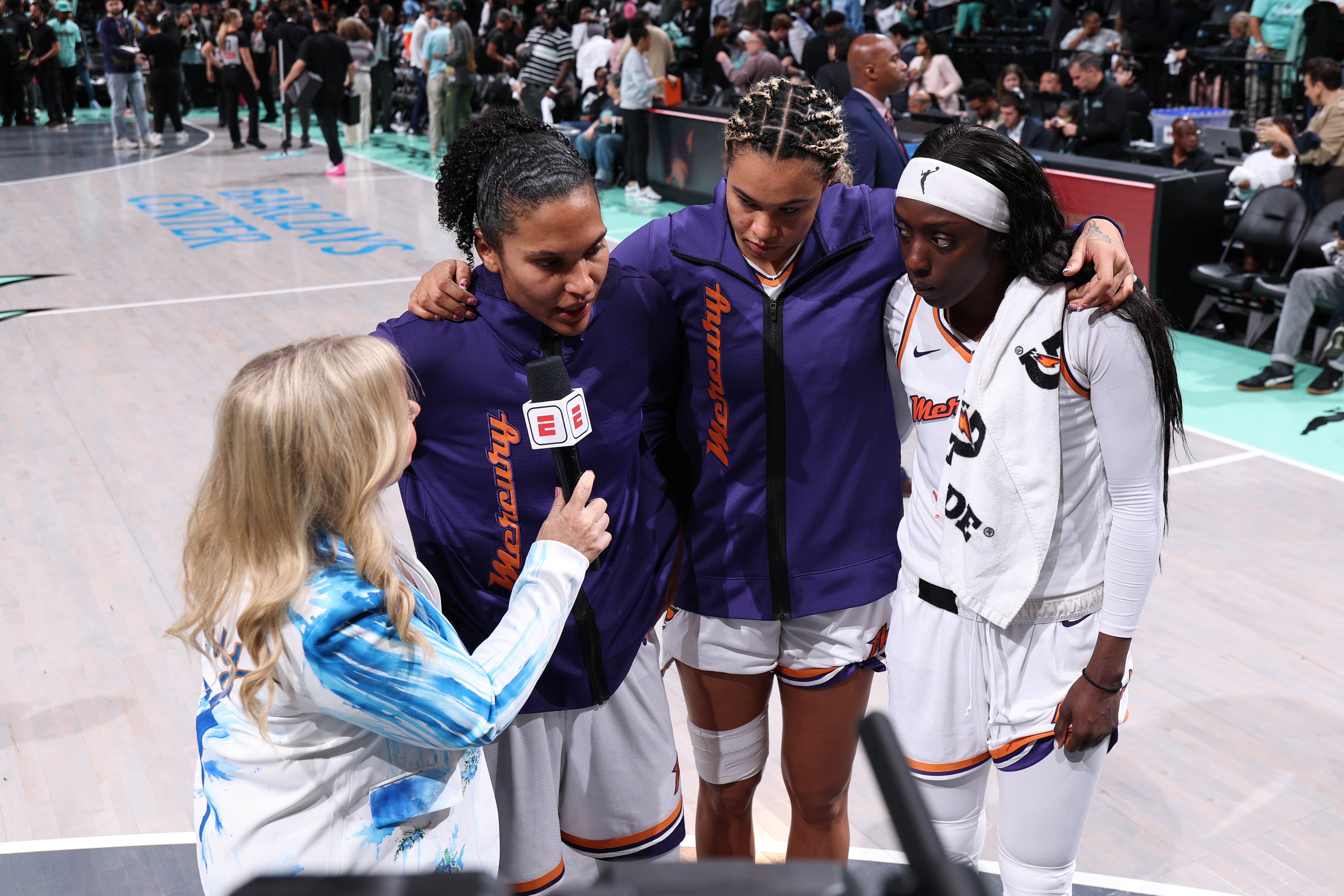 BROOKLYN, NY - SEPTEMBER 17: Alyssa Thomas #25, Satou Sabally #0 & Kahleah Copper #2 of the Phoenix Mercury are interviewed after the game against the New York Liberty during Game Two Round One of the 2025 WNBA Playoffs on September 17, 2025 at Barclays Center Arena in Brooklyn, New York. NOTE TO USER: User expressly acknowledges and agrees that, by downloading and or using this photograph, User is consenting to the terms and conditions of the Getty Images License Agreement. Mandatory Copyright Notice: Copyright 2025 NBAE(Photo by David L. Nemec/NBAE via Getty Images)