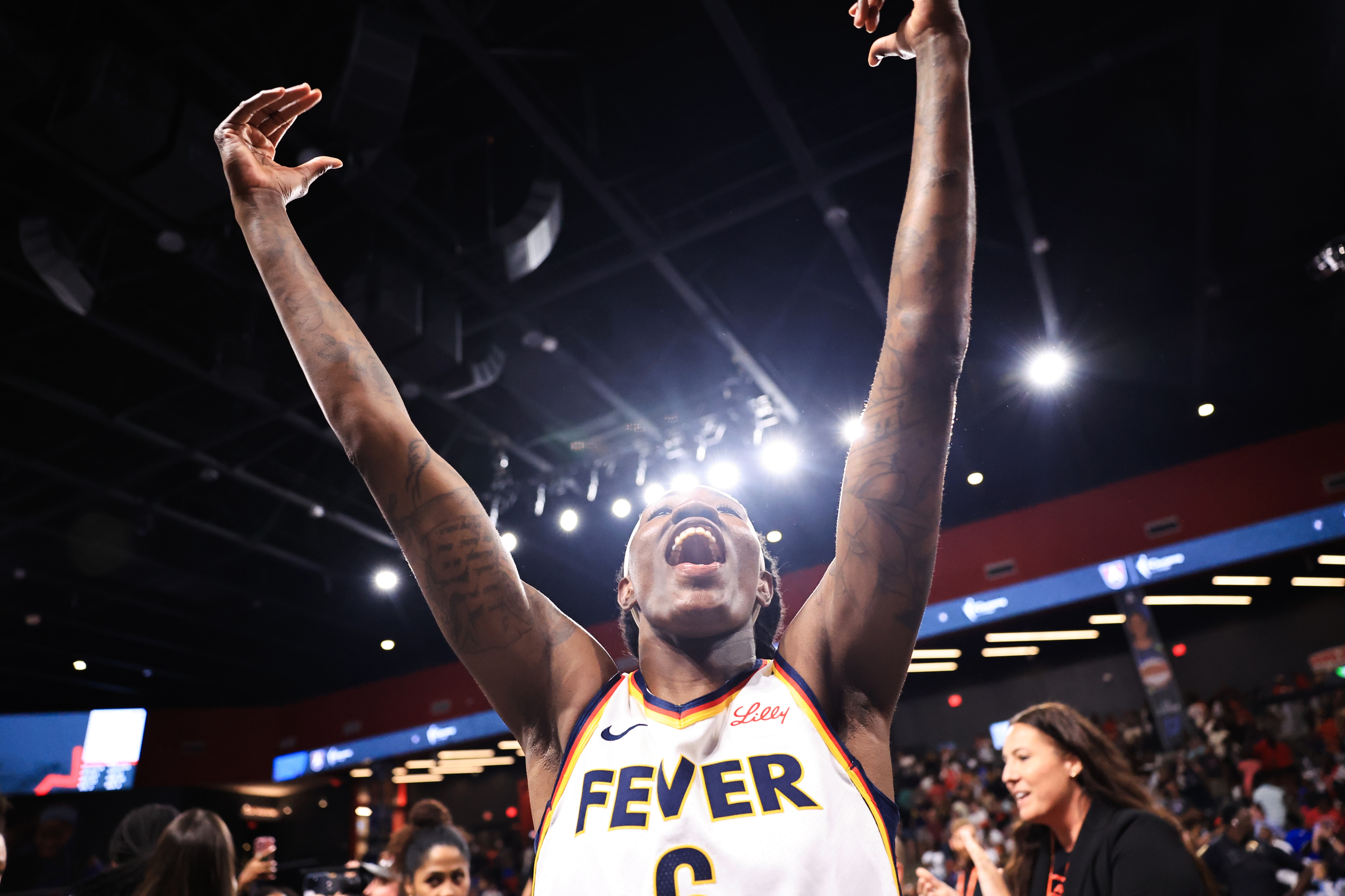 Natasha Howard #6 of the Indiana Fever celebrates after winning game three in the WNBA Playoffs